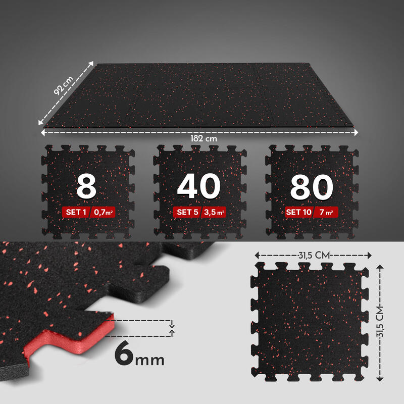 Tapis de sol fitness – caoutchouc épais – set de 80 dalles emboîtables