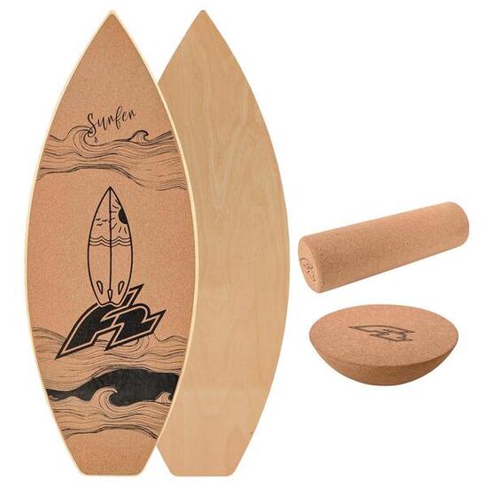 F2 Kork Balance Board Surf 84x31cm mit Korkrolle + Kork Halbkugel