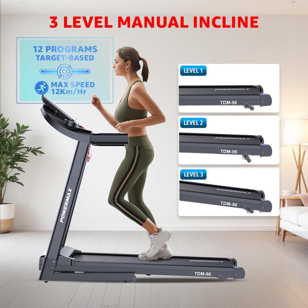 TDM-96 Foldable Treadmill for Home Use, 4HP Peak Motor, Speed 12/kmph, Max User Wt.110kg, Bluetooth & App, By PowerMax Fitness