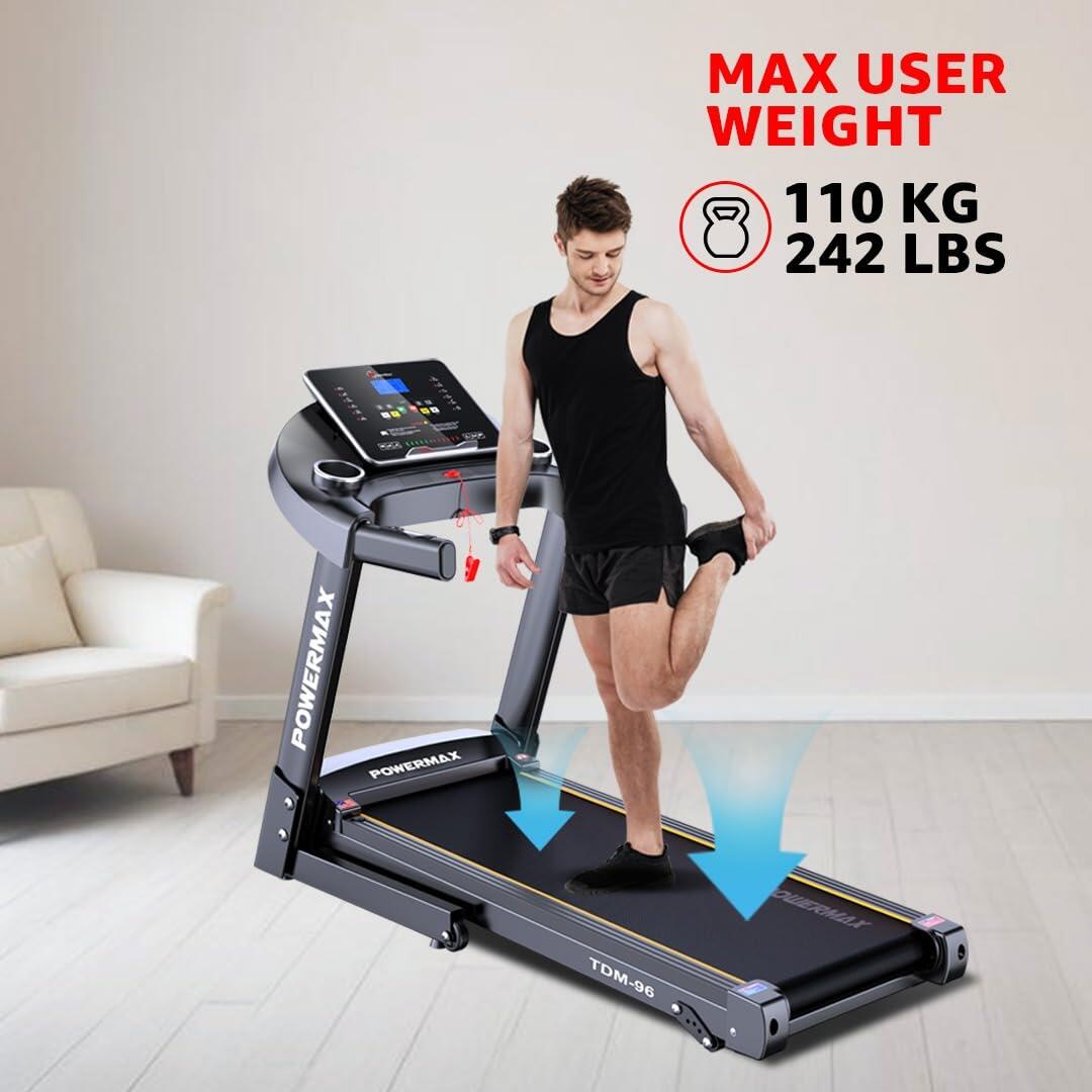 TDM-96 Foldable Treadmill for Home Use, 4HP Peak Motor, Speed 12/kmph, Max User Wt.110kg, Bluetooth & App, By PowerMax Fitness