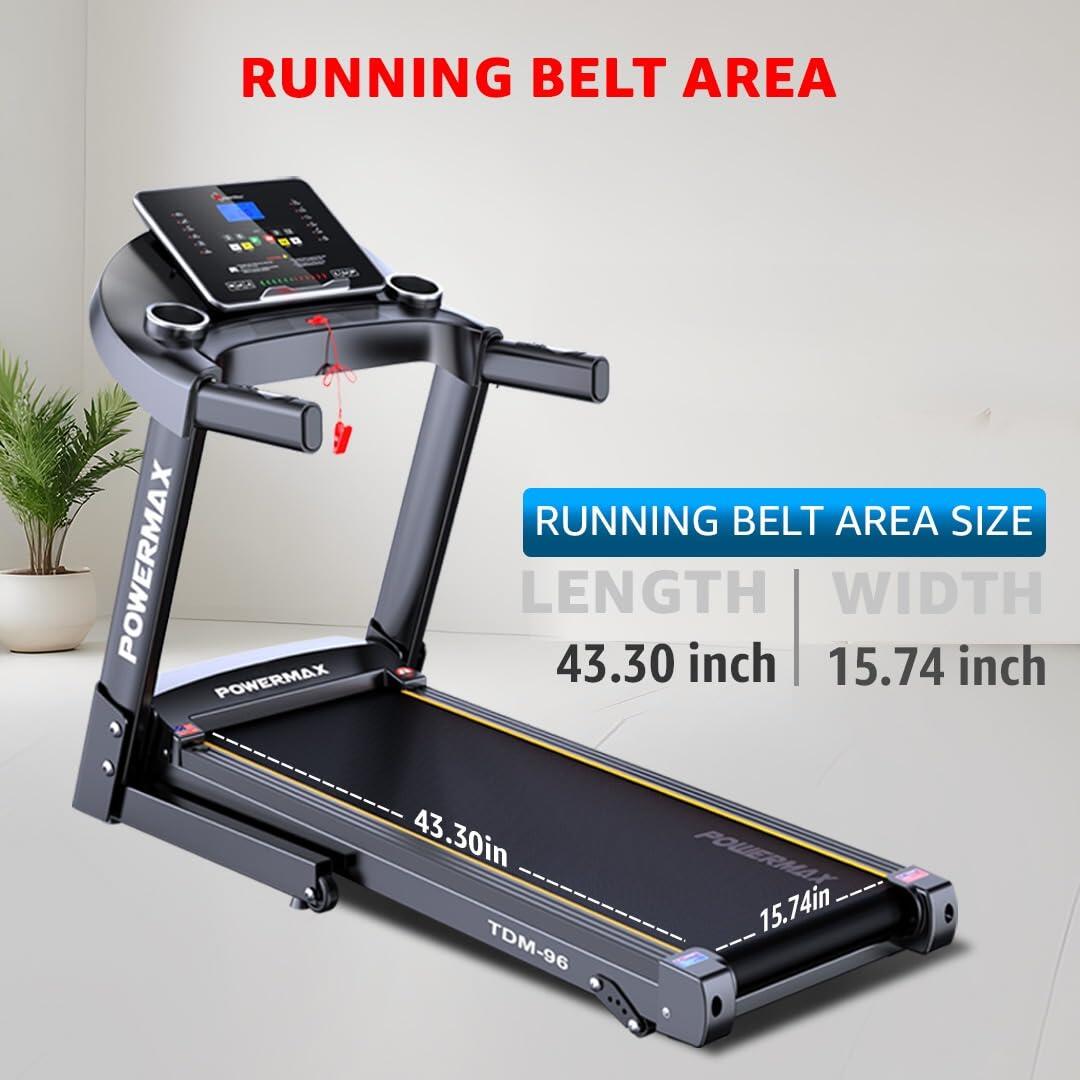 TDM-96 Foldable Treadmill for Home Use, 4HP Peak Motor, Speed 12/kmph, Max User Wt.110kg, Bluetooth & App, By PowerMax Fitness