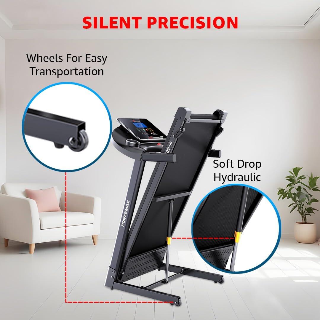 TDM-96 Foldable Treadmill for Home Use, 4HP Peak Motor, Speed 12/kmph, Max User Wt.110kg, Bluetooth & App, By PowerMax Fitness