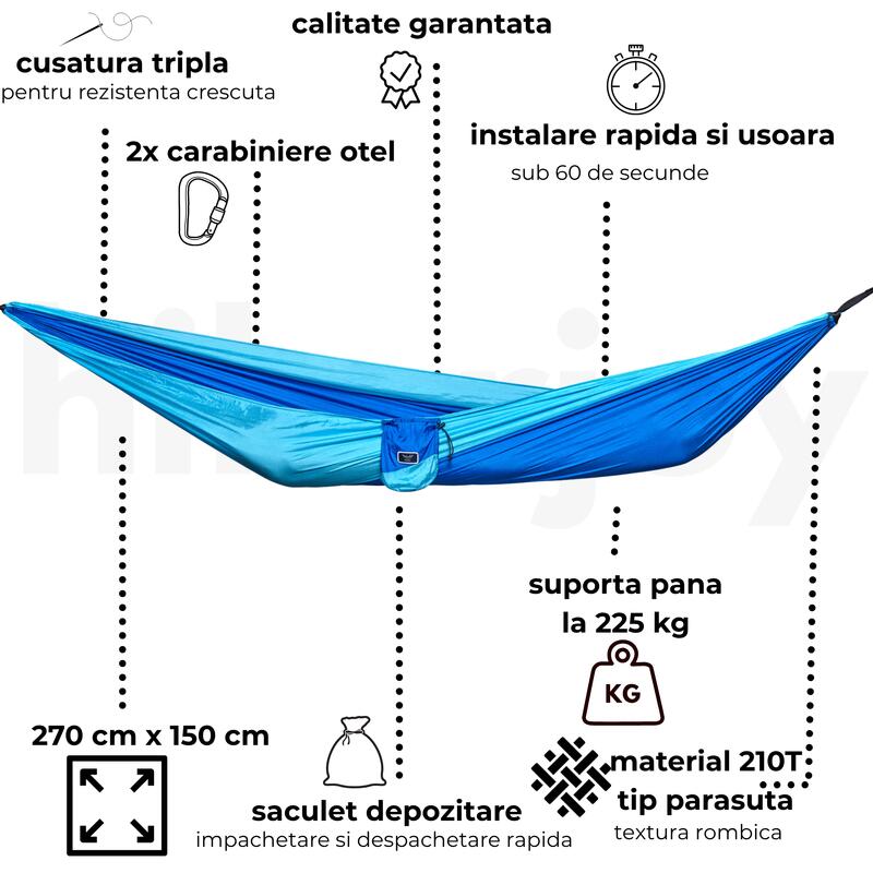 Hamac din material parasuta,ultra usor,270x140 cm,curele de prindere si carabine