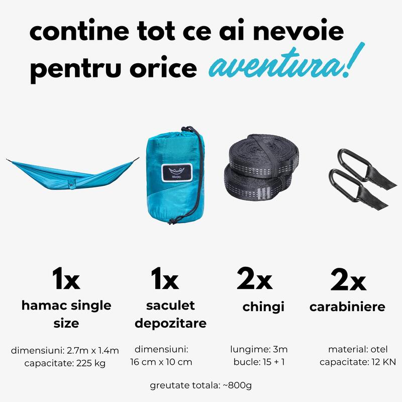 Hamac din material parasuta,ultra usor,270x140 cm,curele de prindere si carabine