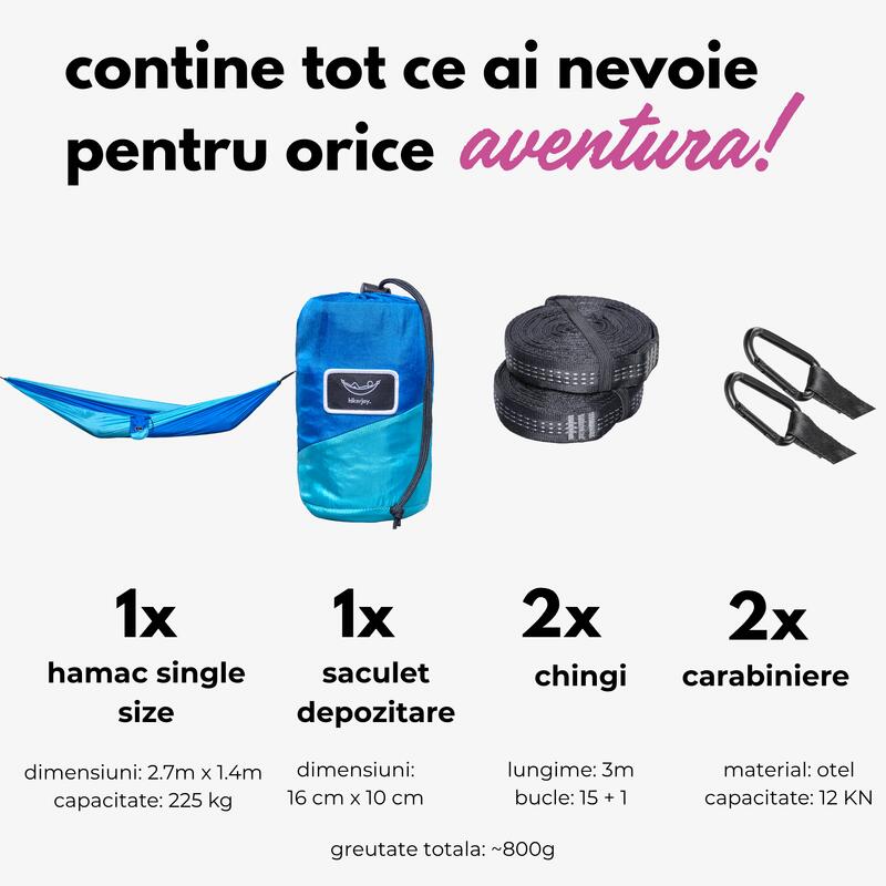 Hamac din material parasuta,ultra usor,270x140 cm,curele de prindere si carabine