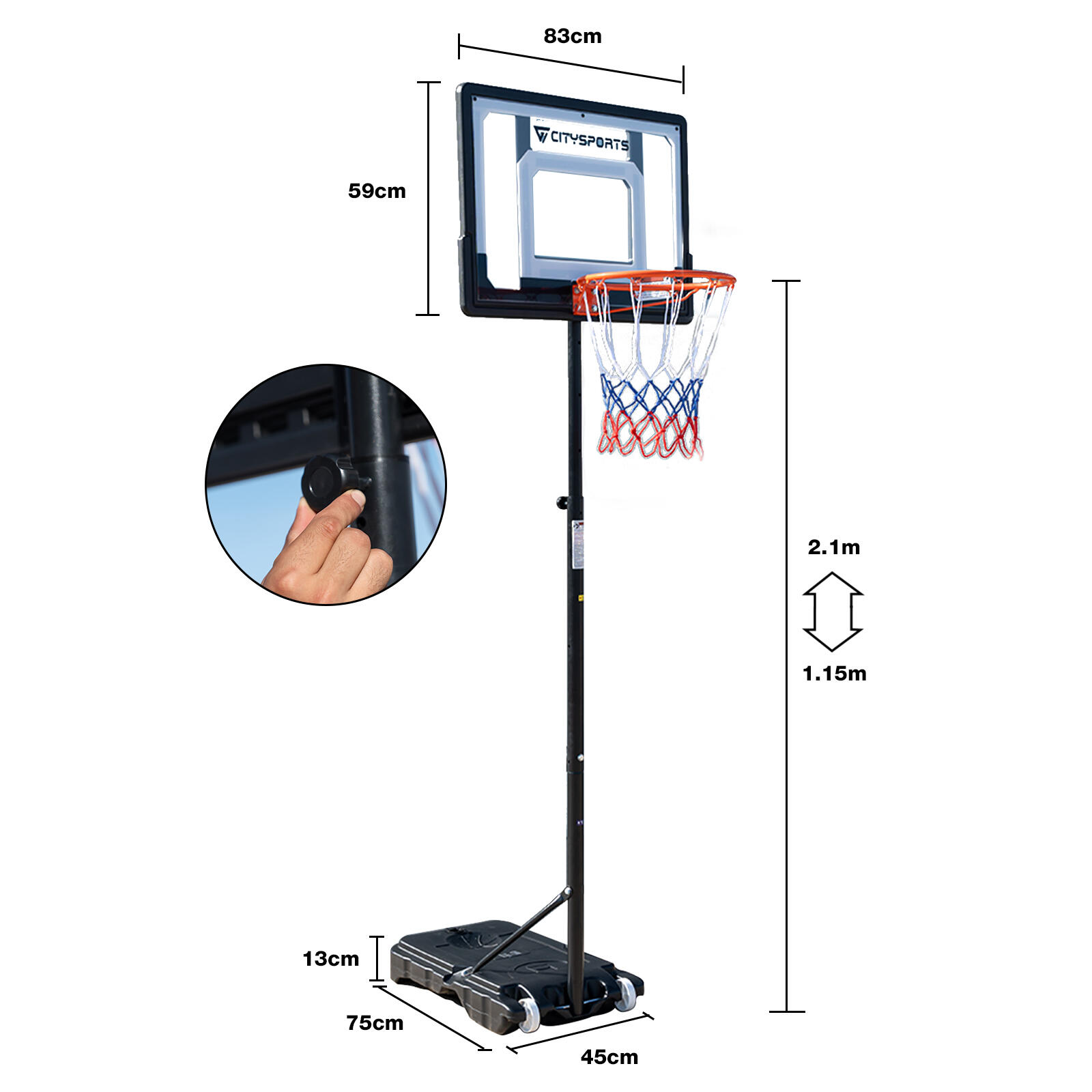 Cesta de Basquete CITYSPORTS Ajustável 155-210cm Portátil 5/7