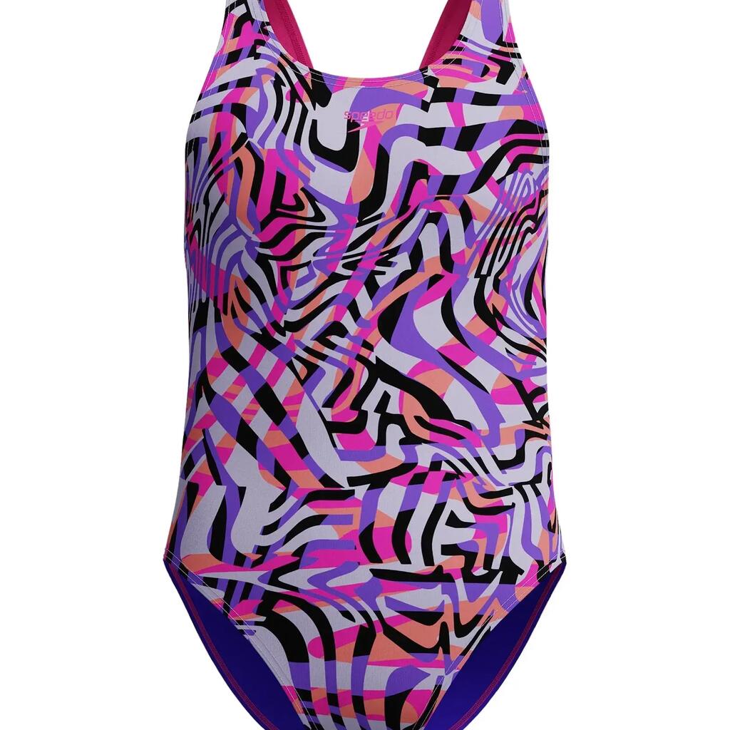 Speedo Girls Digital Allover Leaderback Swimsuit - Pink/Purple/Black