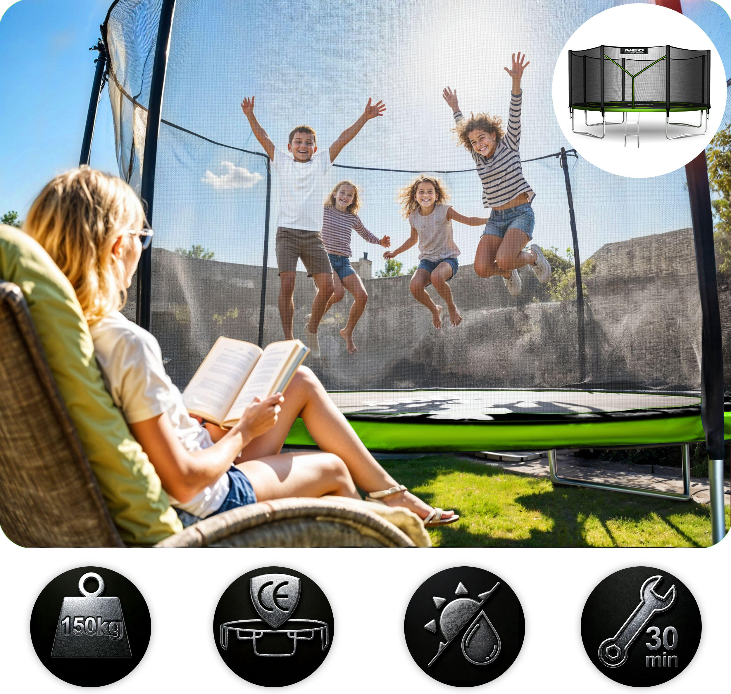 Trampolina ogrodowa z siatką zewnętrzną Neo-Sport 374cm 12ft 4/7