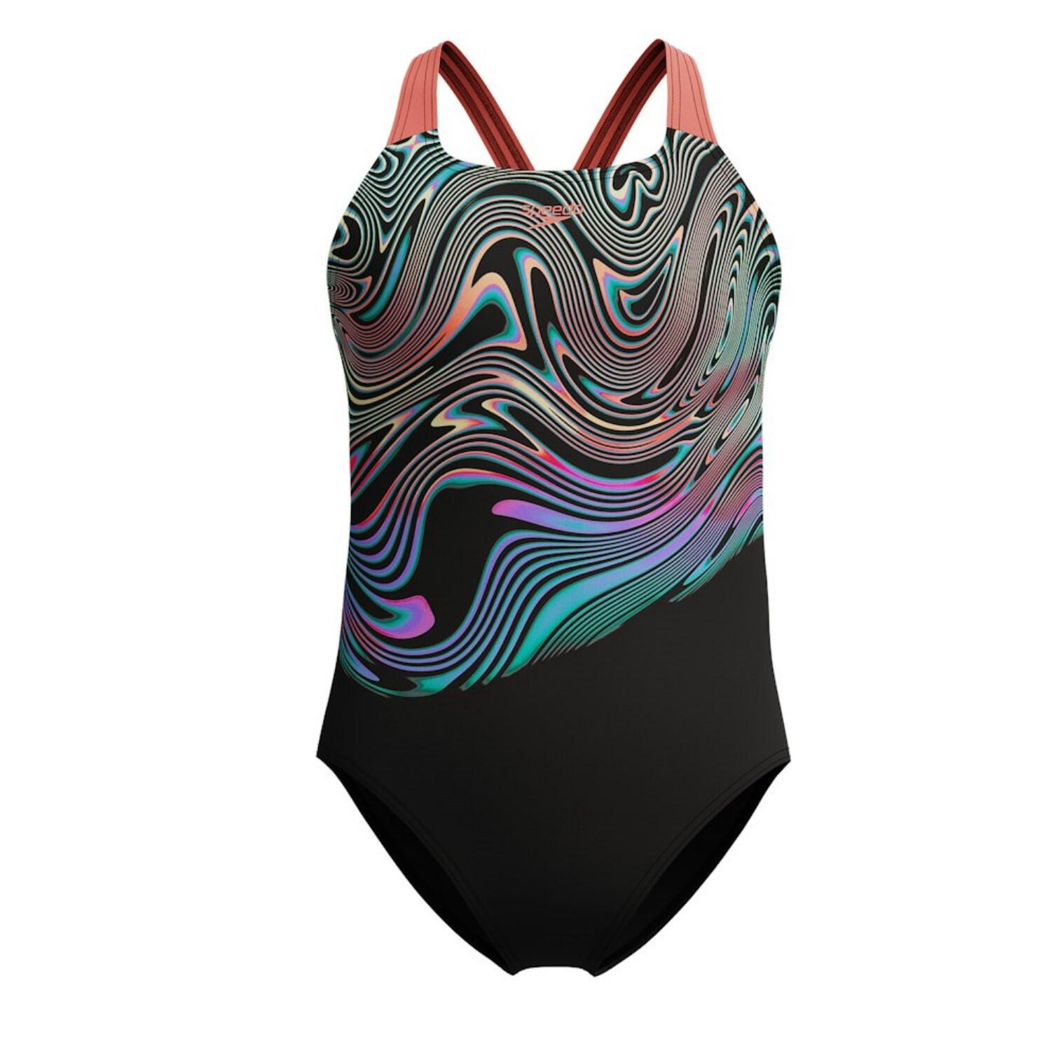 Fato menina speedo eco endurance+ print placement powerback preto/vermelho