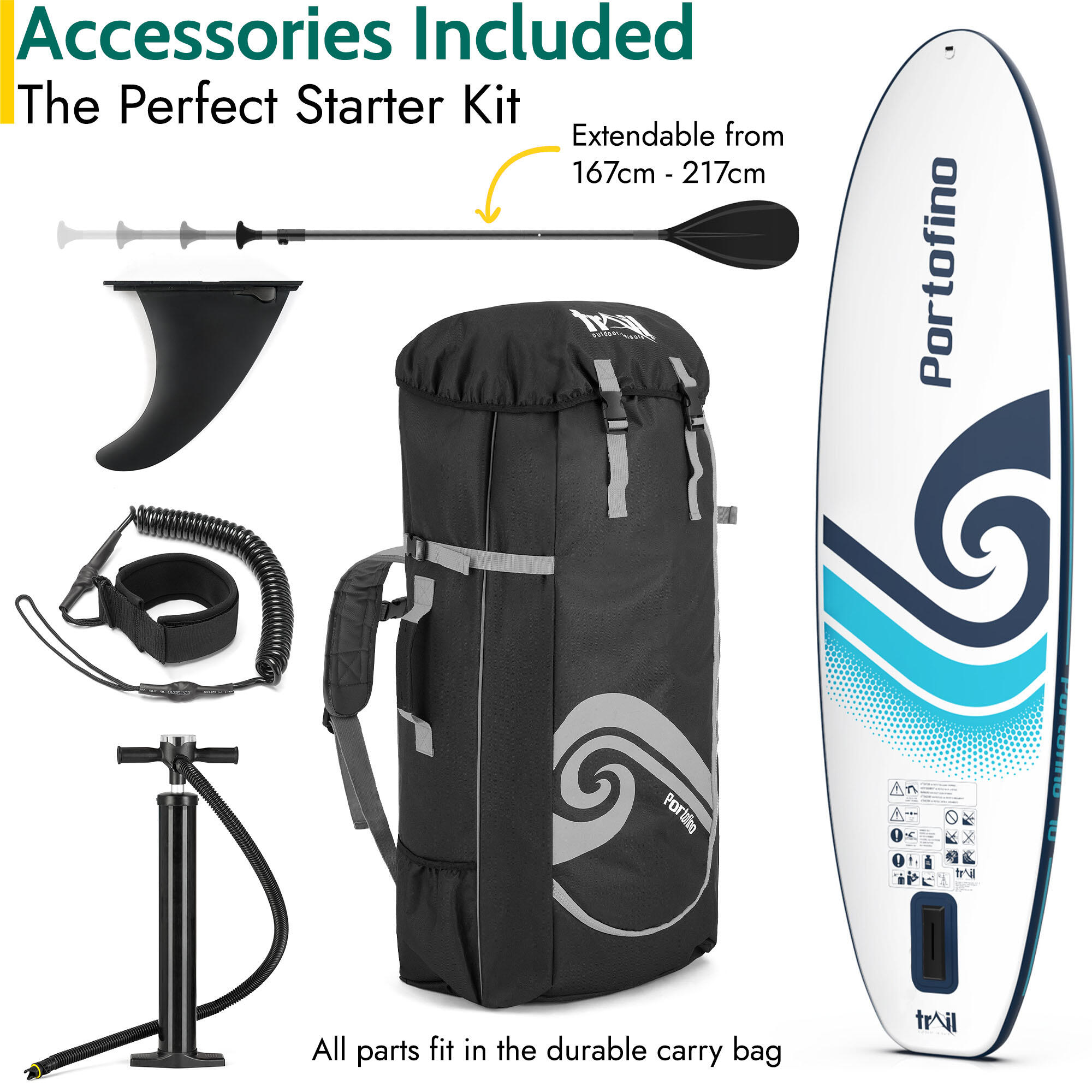 Portofino Inflatable Paddle Board Stand Up Paddleboard SUP With Bag 5/7