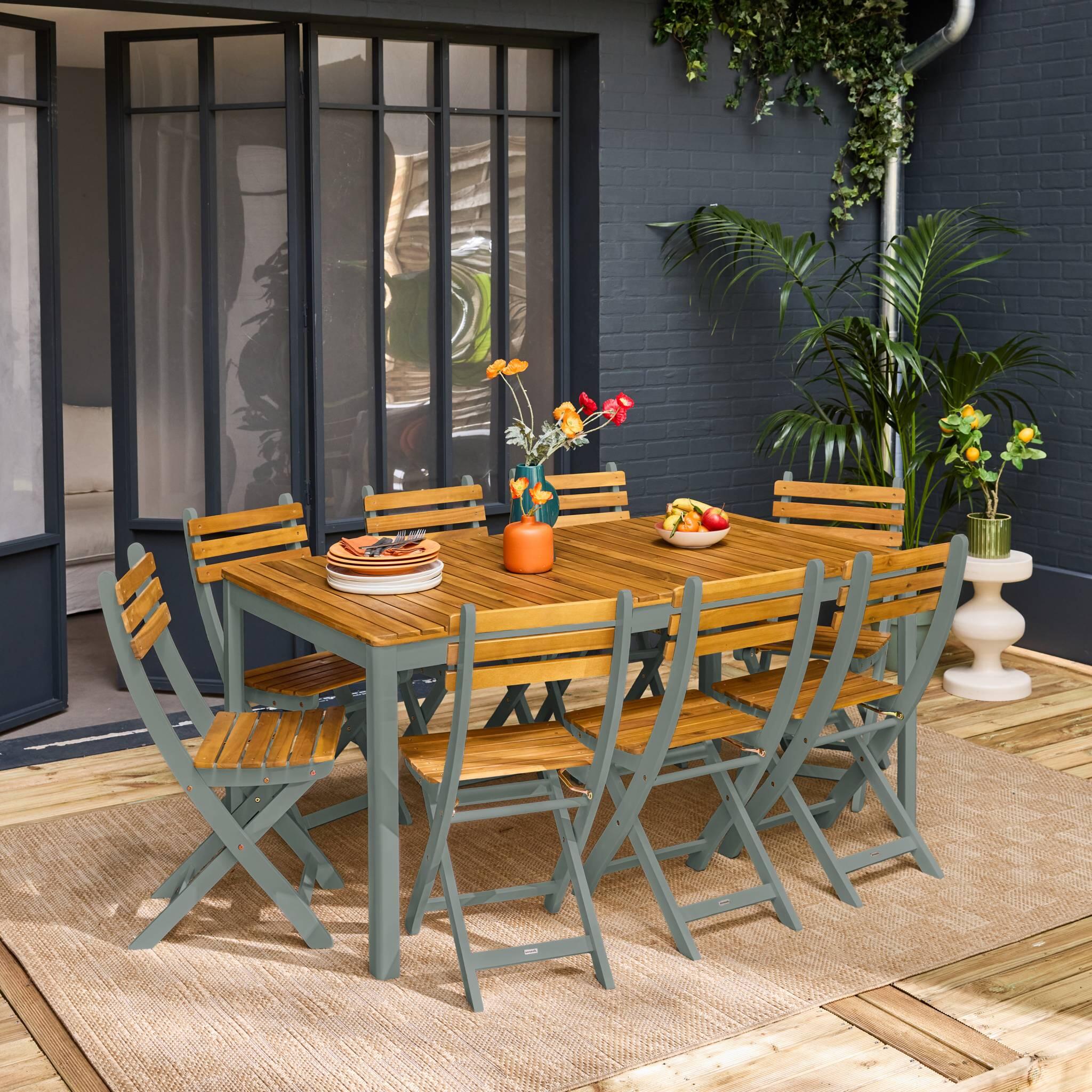 Mesa de jardim de acácia com cantos arredondados, 8 cadeiras, Verde caqui 2/5