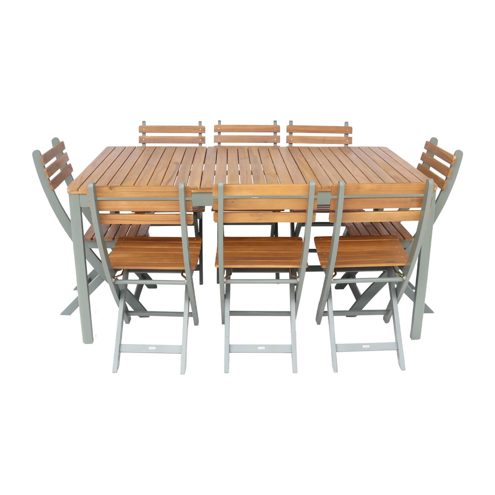 Mesa de jardim de acácia com cantos arredondados, 8 cadeiras, Verde caqui 4/5