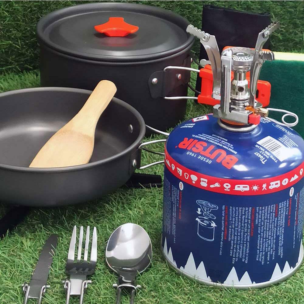 SENZA MARCA Set de olla, sartén, quemador portátil para cartuchos de gas y otros accesorios
