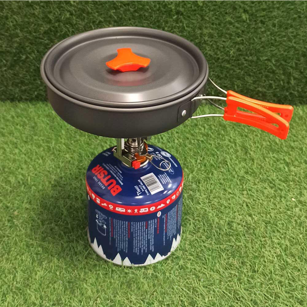Set de olla, sartén, quemador portátil para cartuchos de gas y otros accesorios 3/8