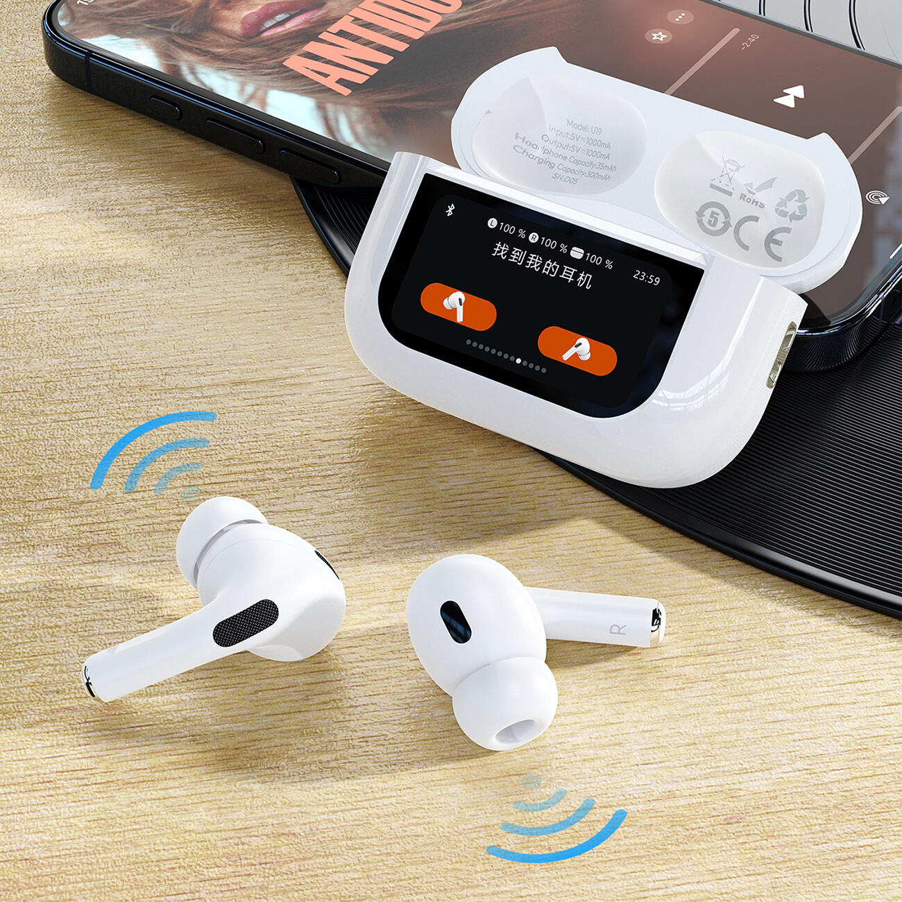 Słuchawki bezprzewodowe douszne u19 tws bluetooth 5.3 z wyświetlaczem led białe 5/7