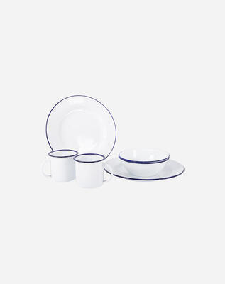 Bo-camp - servies emaille 6 stuks wit/blauw