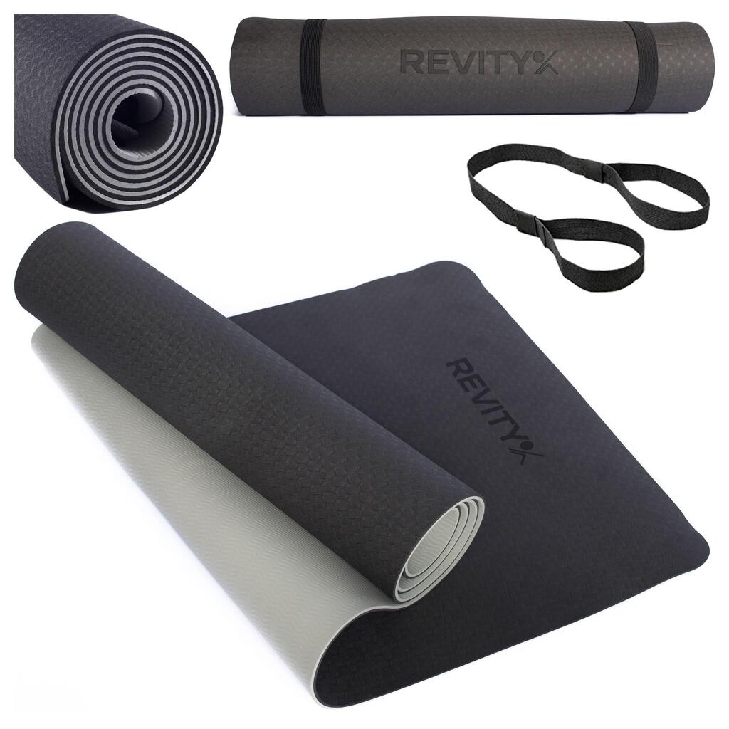 Yoga Mat Non-Slip with carry strap, Training Plan, Black