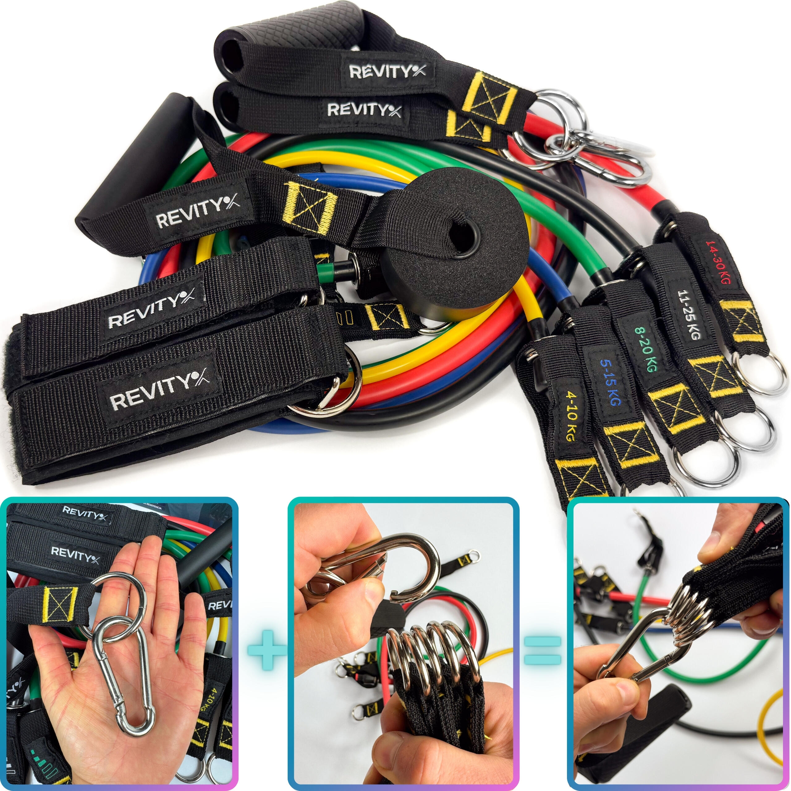 Sada 5 posilovacích odporových gum Workout Bands-s příslušenstvím, cvičební plán 3/7