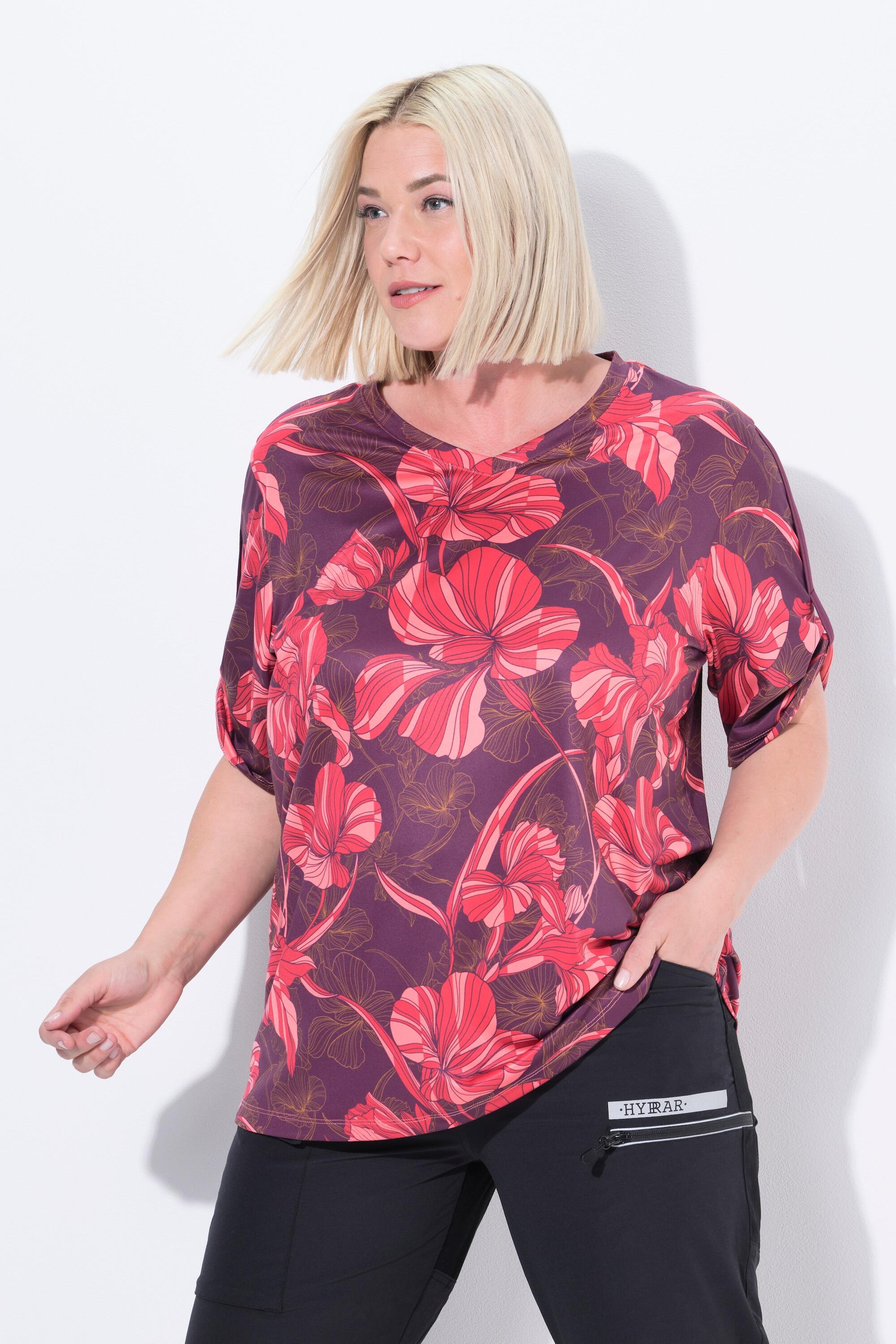 Femme T-shirt technique à fleurs décolleté en V et manches courtes 5/6