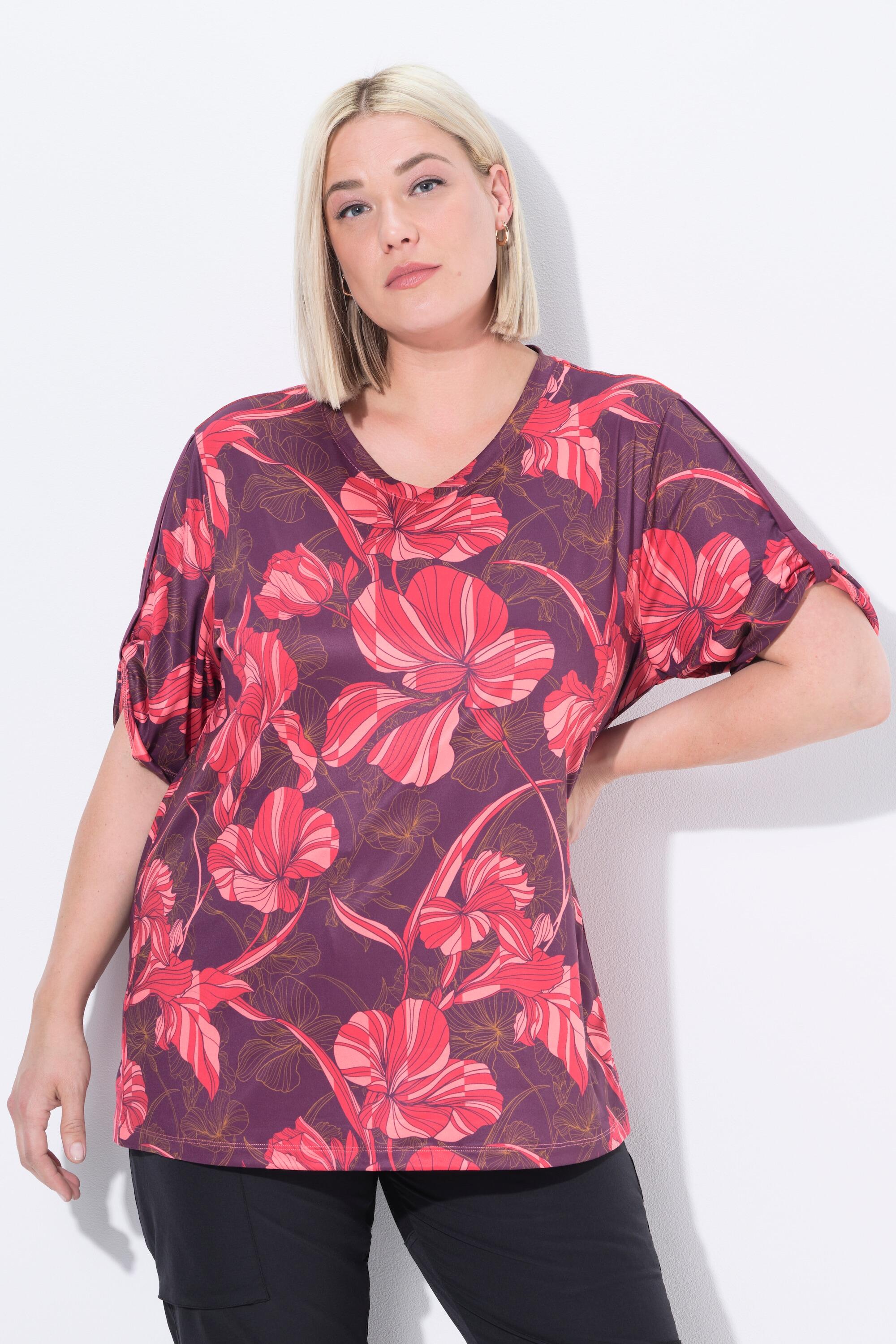 Femme T-shirt technique à fleurs décolleté en V et manches courtes 1/6