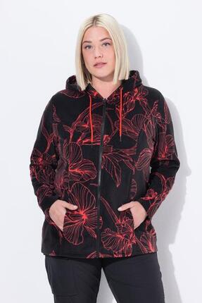 Damen Fleecejacke Blütenmuster Kapuze Langarm