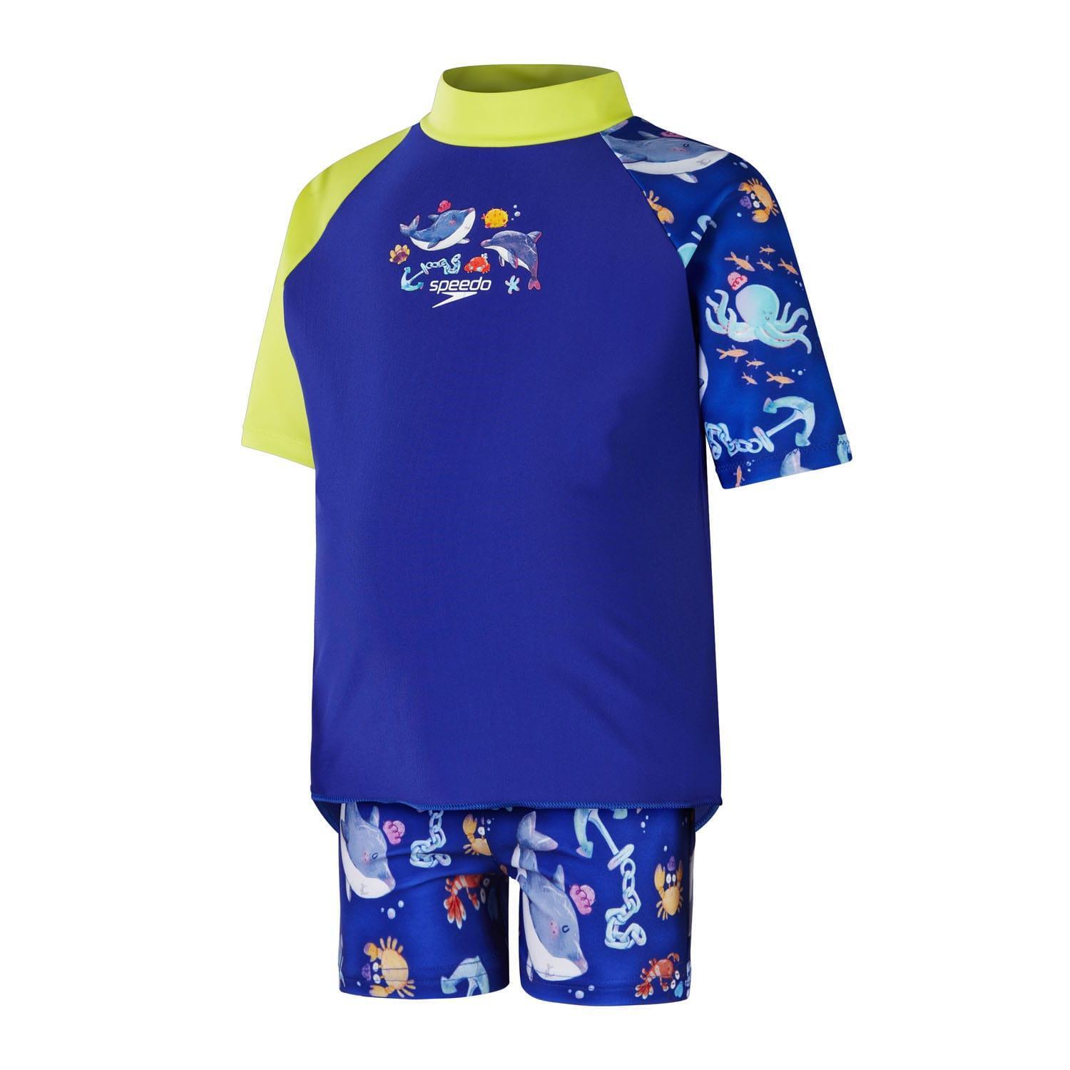 SPEEDO Childrens/Kids Digital Print ShortSleeved Rash Guard Set (Blue/Yellow)