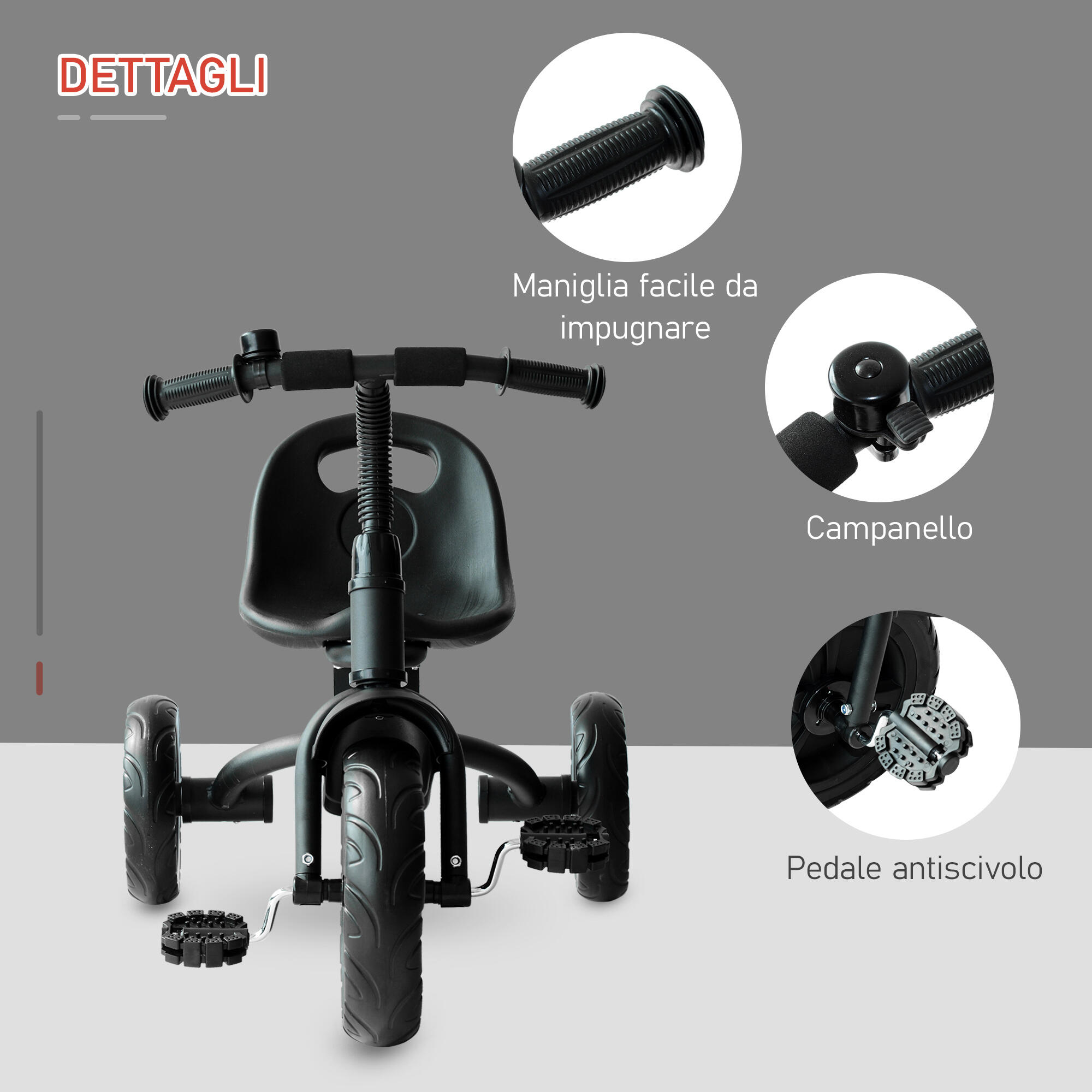 HOMCOM Triciclo per Bambini a Pedali con Campanello e Parafango Nero 7/8