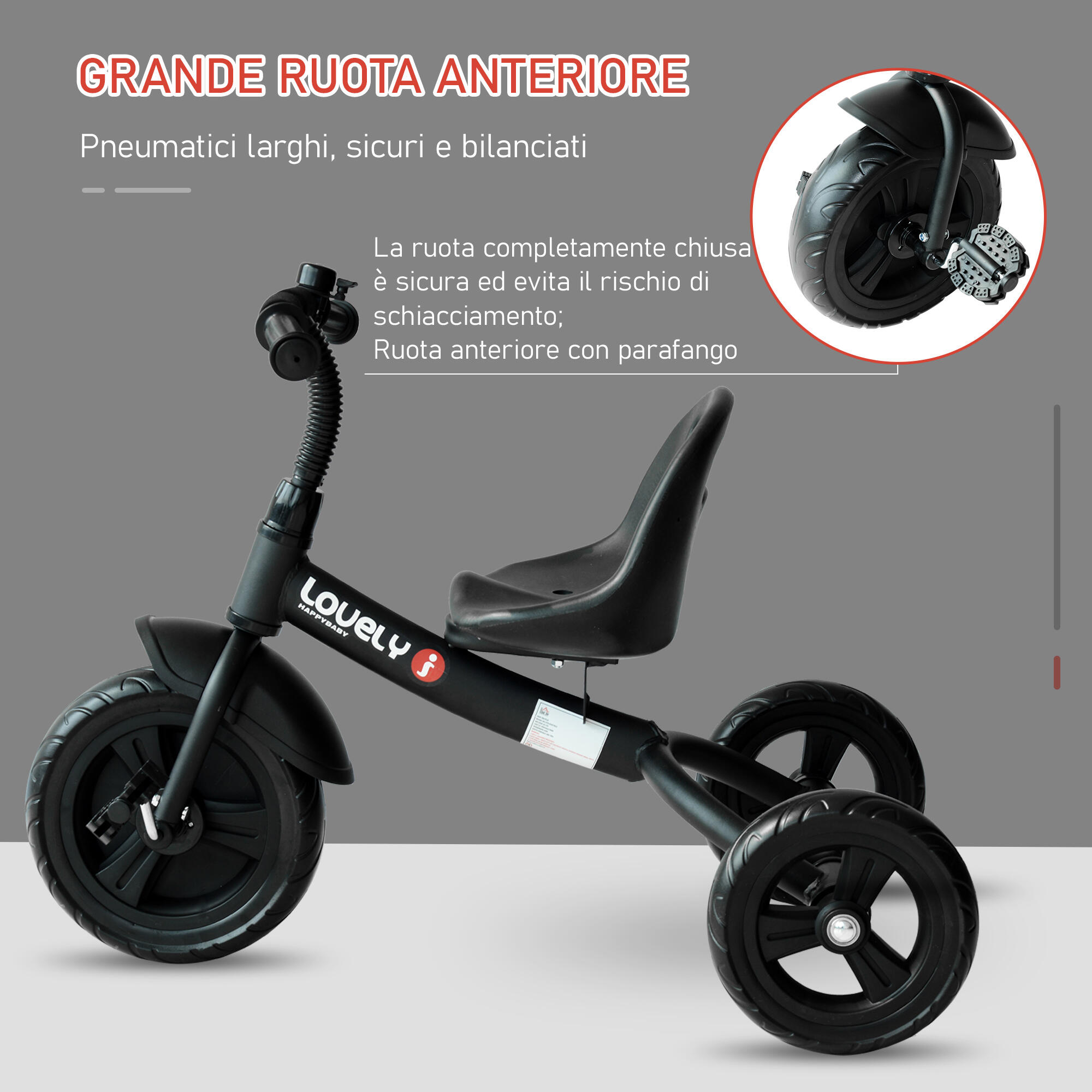 HOMCOM Triciclo per Bambini a Pedali con Campanello e Parafango Nero 6/8