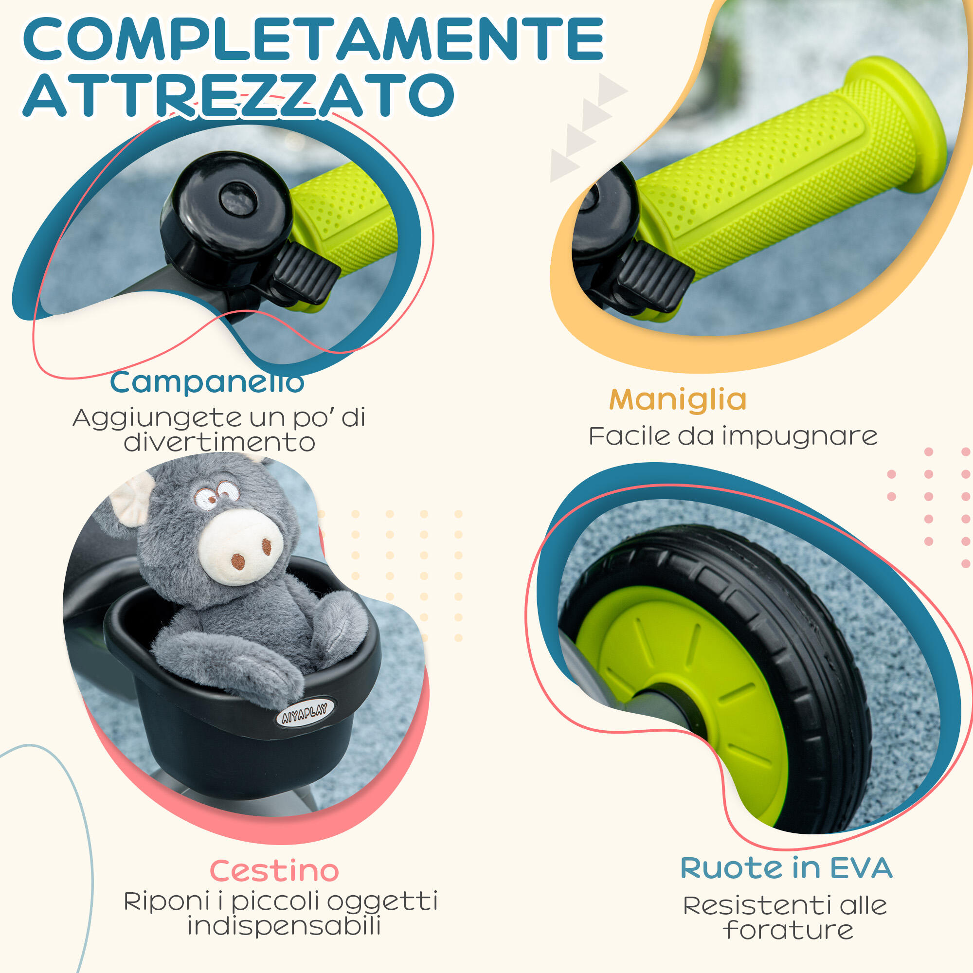 AIYAPLAY Triciclo per Bambini da 2-5 Anni con Cestino e Campanello Nero 6/8