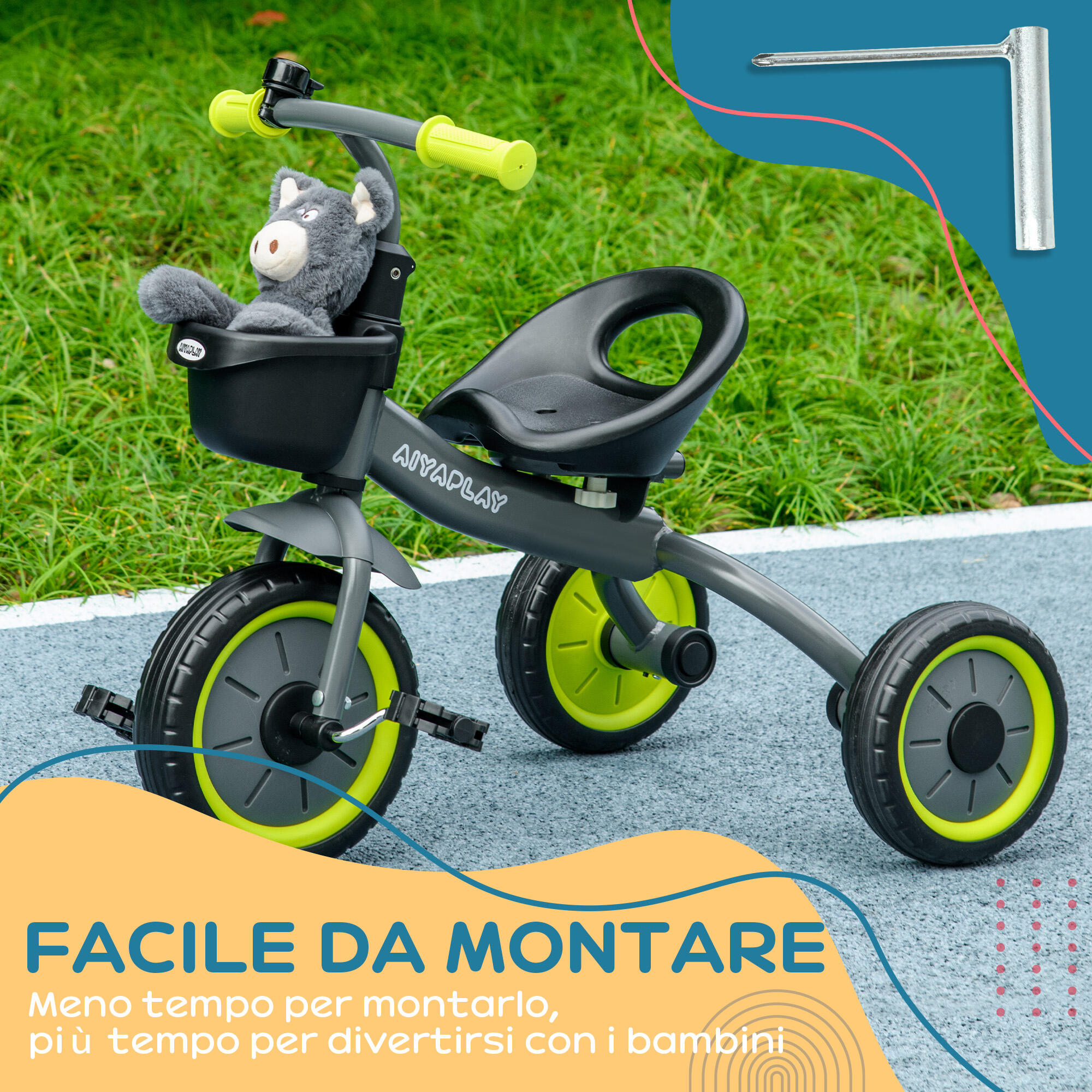 AIYAPLAY Triciclo per Bambini da 2-5 Anni con Cestino e Campanello Nero 7/8