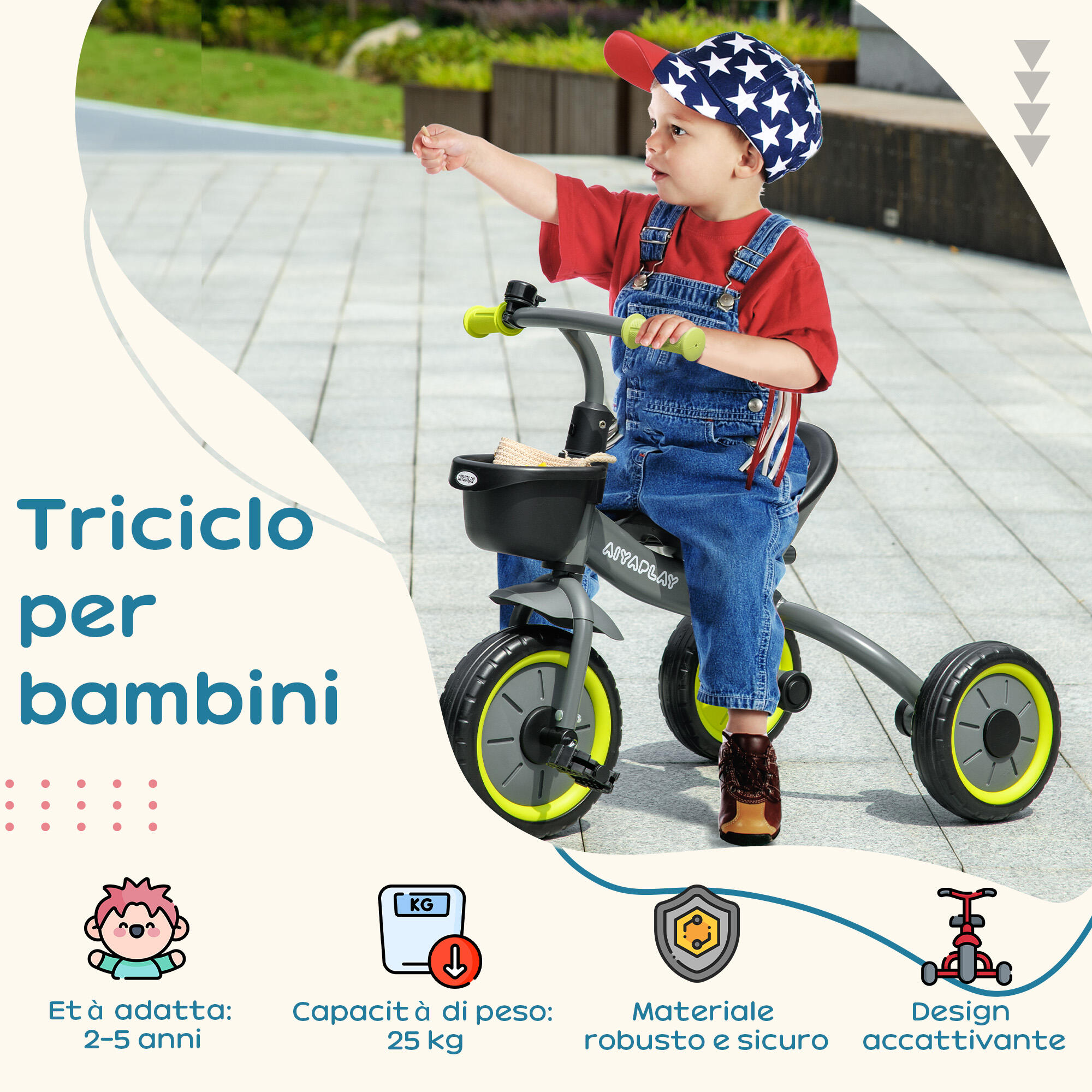 AIYAPLAY Triciclo per Bambini da 2-5 Anni con Cestino e Campanello Nero 4/8