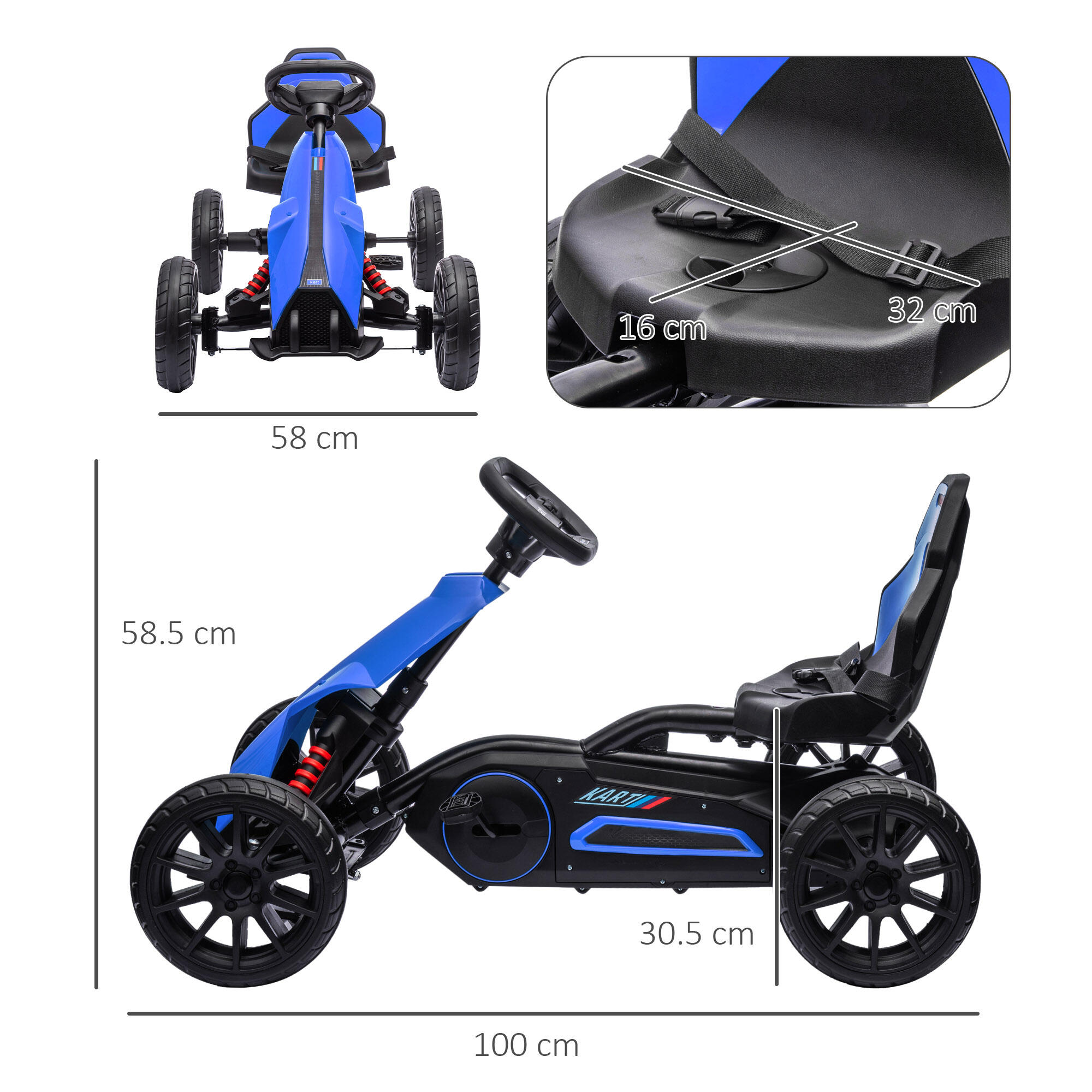 HOMCOM Go Kart a Pedali per Bambini 3-8 Anni con Sedile Regolabile Blu e Nero 3/7