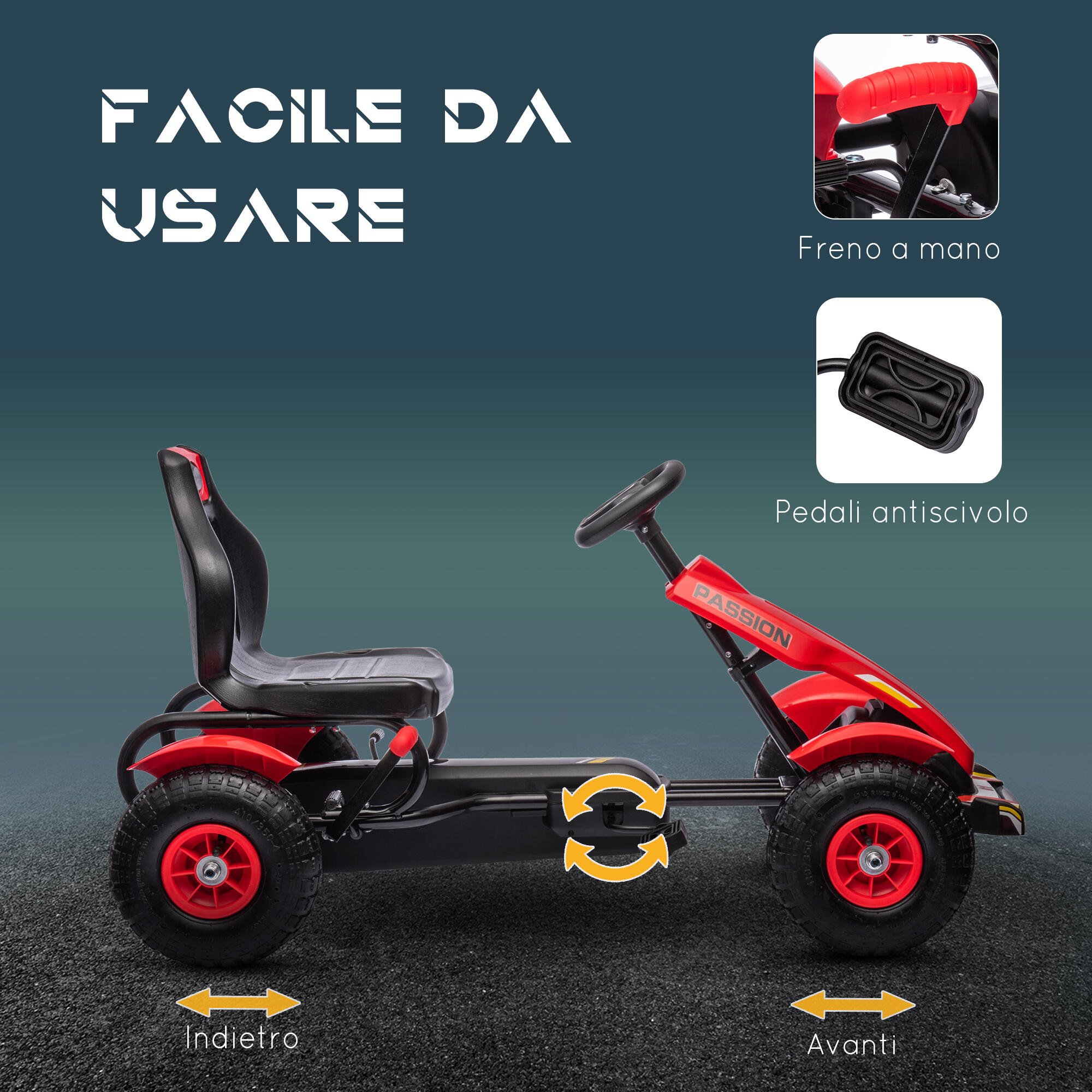 HOMCOM Go Kart a Pedali per Bambini 5-12 Anni in Plastica e Metallo Rosso 5/7