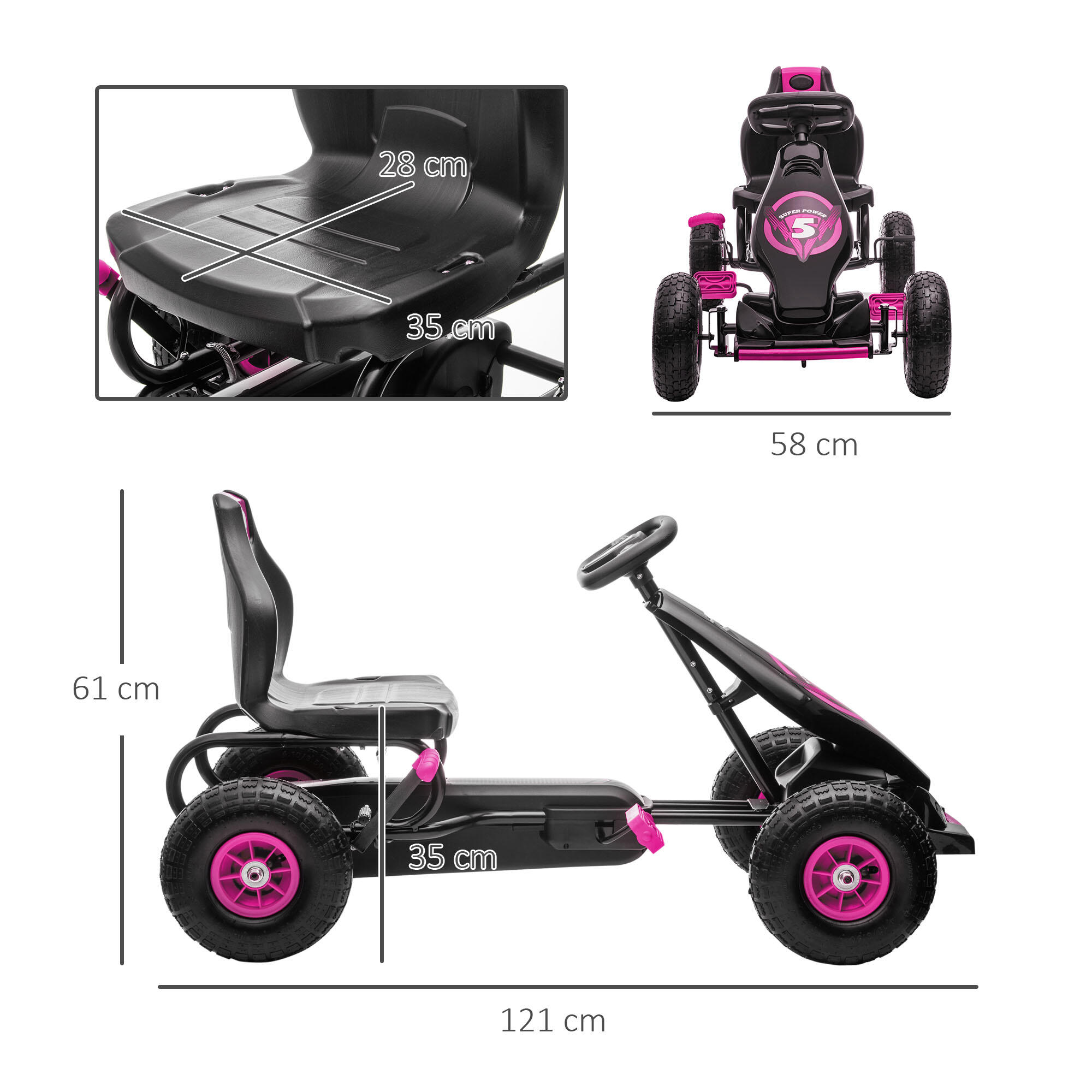 HOMCOM Go-Kart per Bambini 5+ Anni con Pedali e Sedile Regolabile, Rosa e Nero 3/7