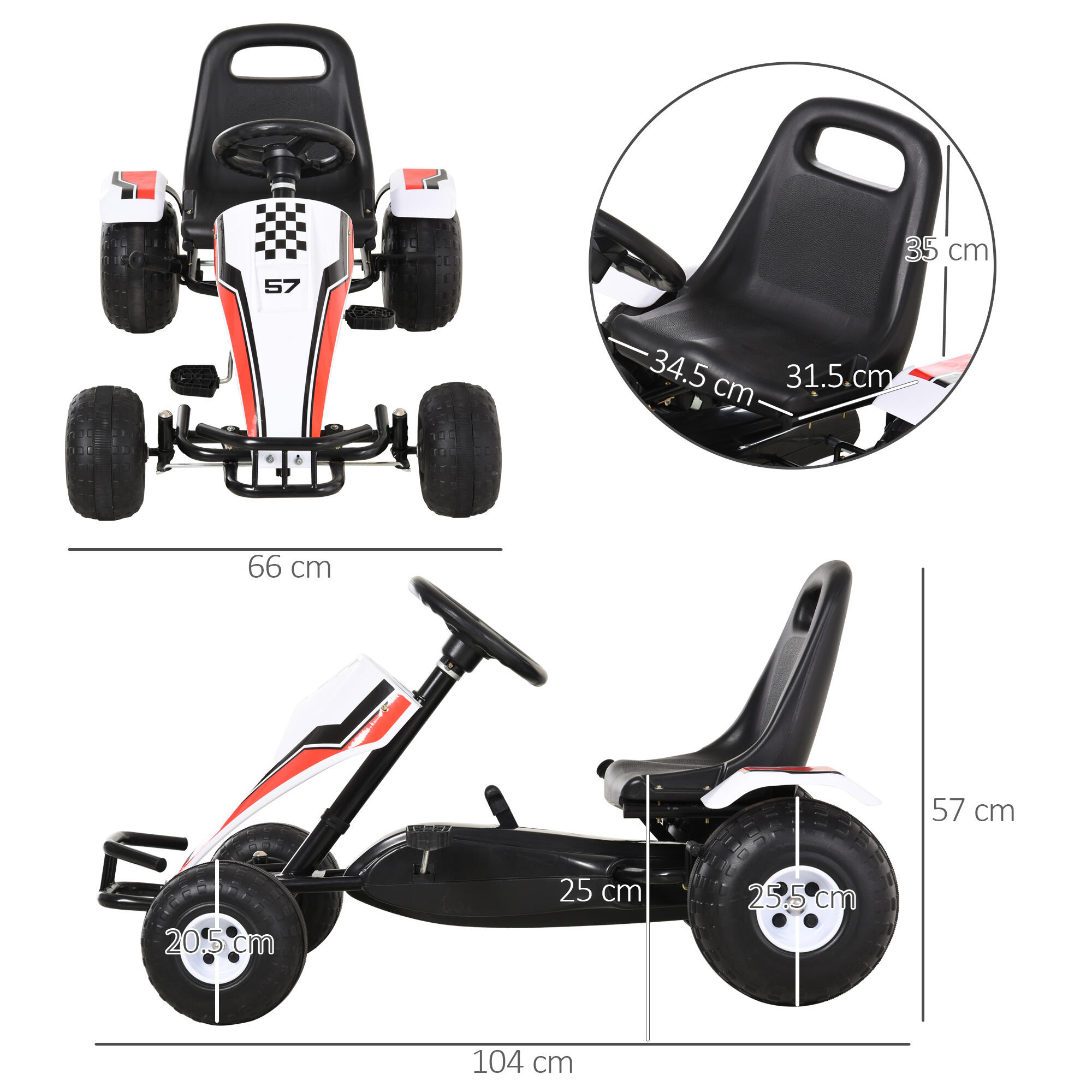 HOMCOM Go-Kart a Pedali Bianco per Bambini 3-6 Anni con Sedile Regolabile 3/7