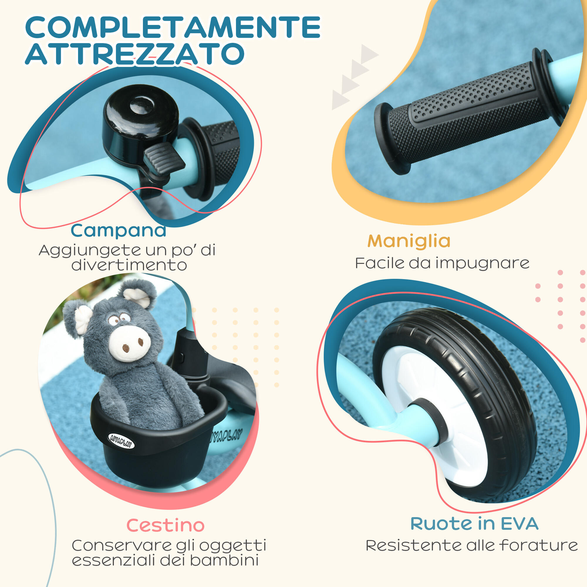 AIYAPLAY Triciclo per Bambini da 2-5 Anni con Cestino e Campanello Blu 6/7