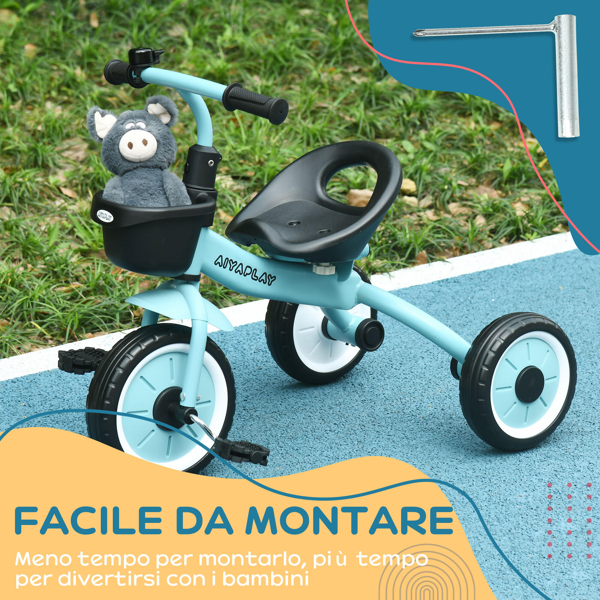 AIYAPLAY Triciclo per Bambini da 2-5 Anni con Cestino e Campanello Blu 7/7