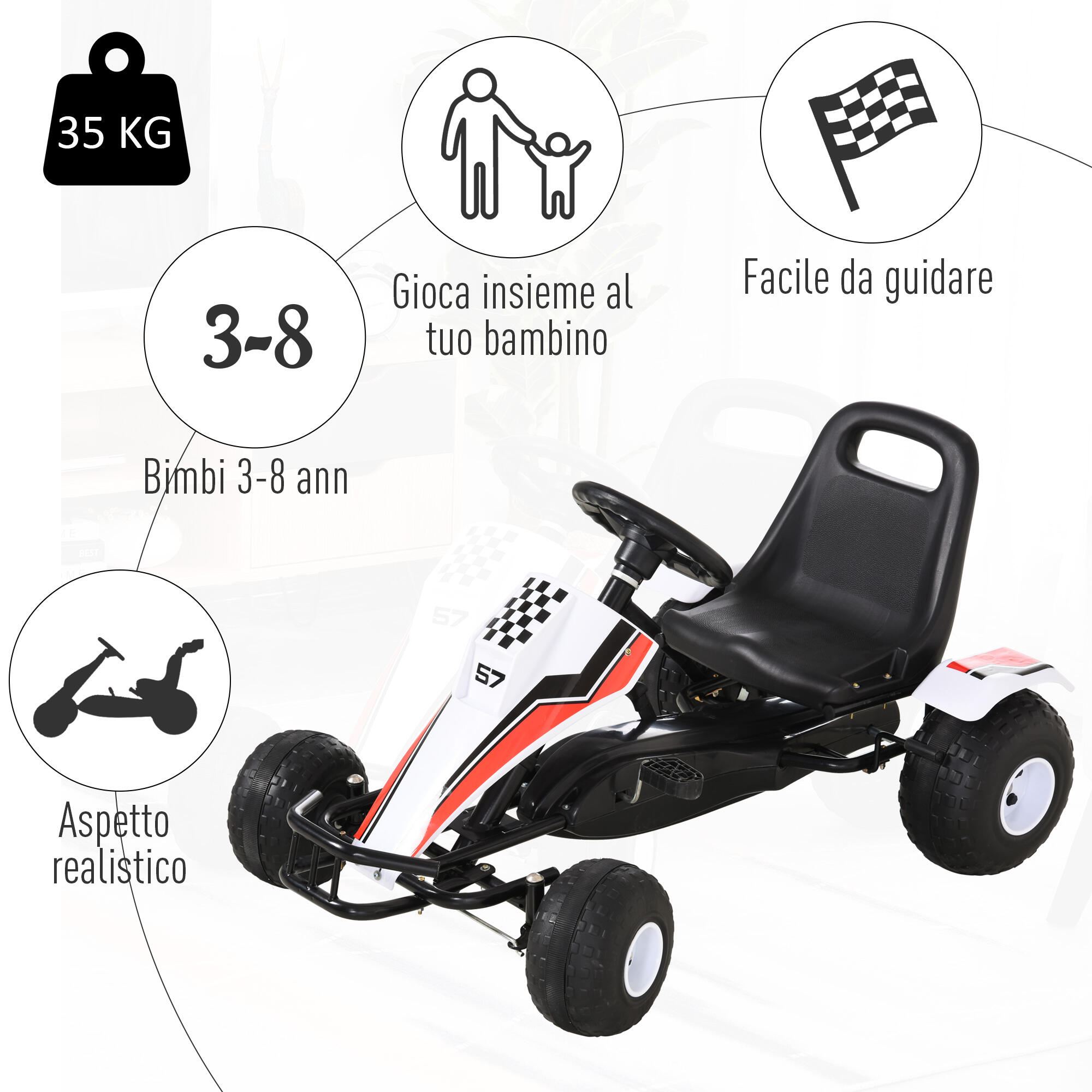 HOMCOM Go-Kart a Pedali Bianco per Bambini 3-6 Anni con Sedile Regolabile 7/7