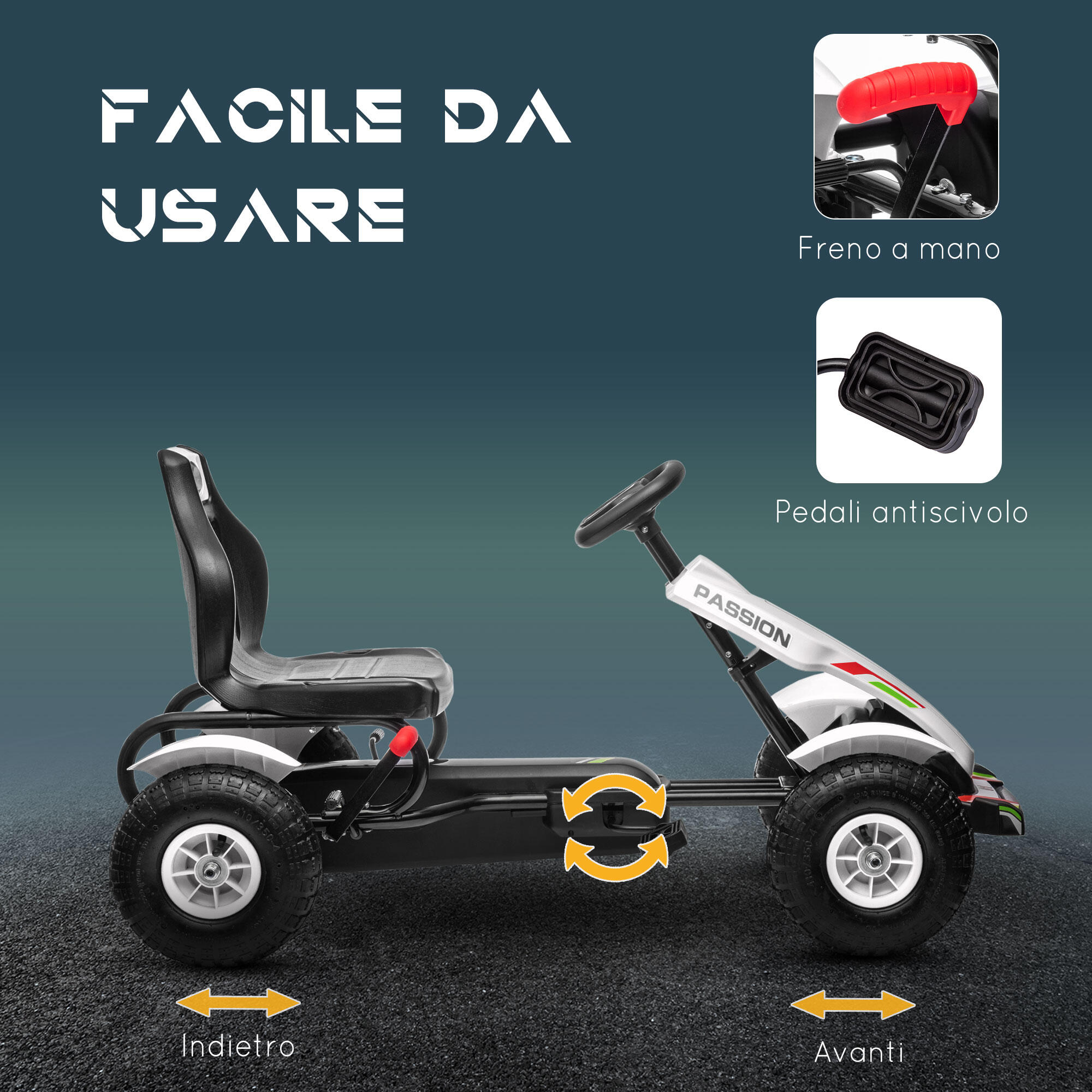 HOMCOM Go Kart a Pedali per Bambini 5-12 Anni in Plastica e Metallo Bianco Nero 5/8