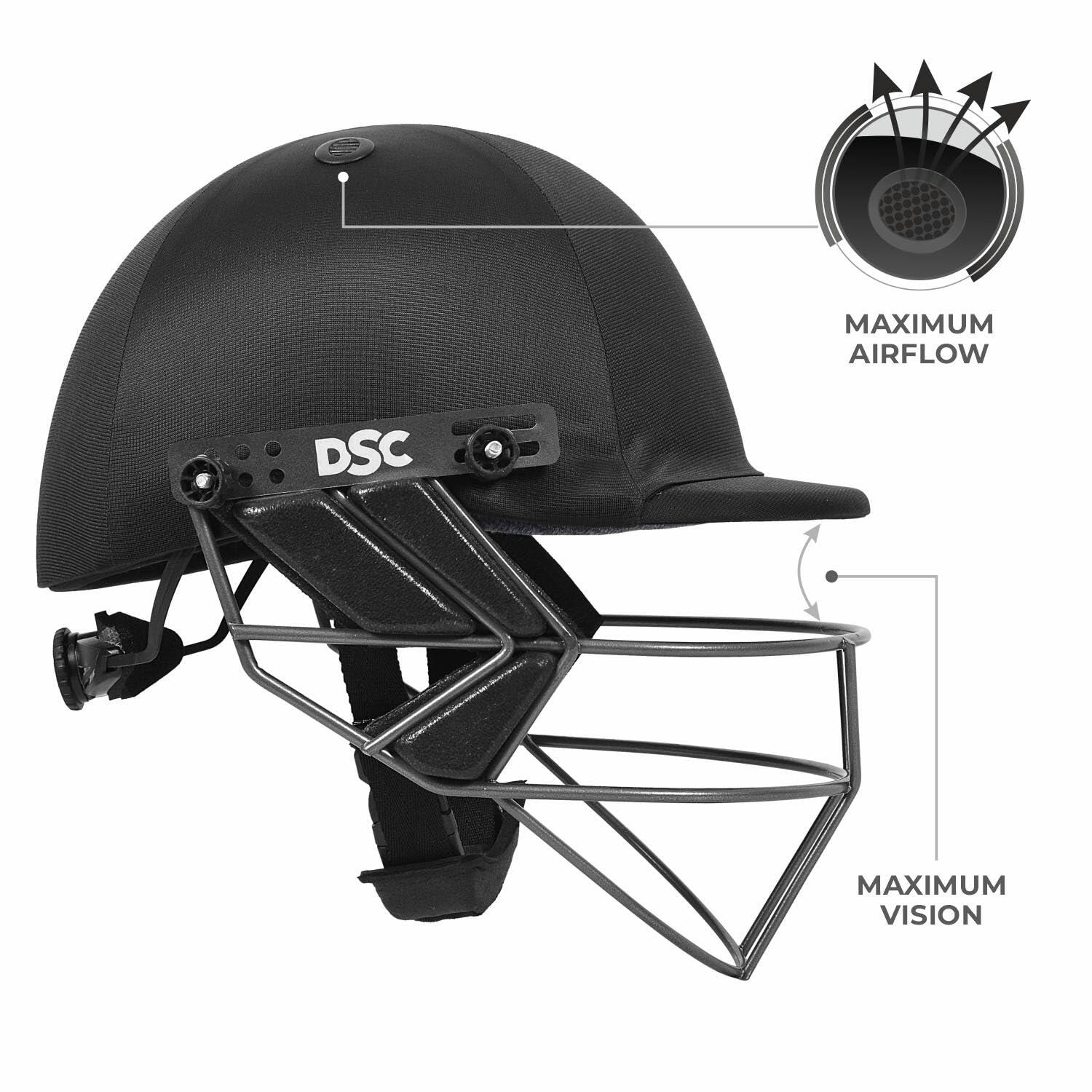 DSC FORT44 Crickethelm – Schwarzes Modell mit verstellbarem Stahlvisier 3/7