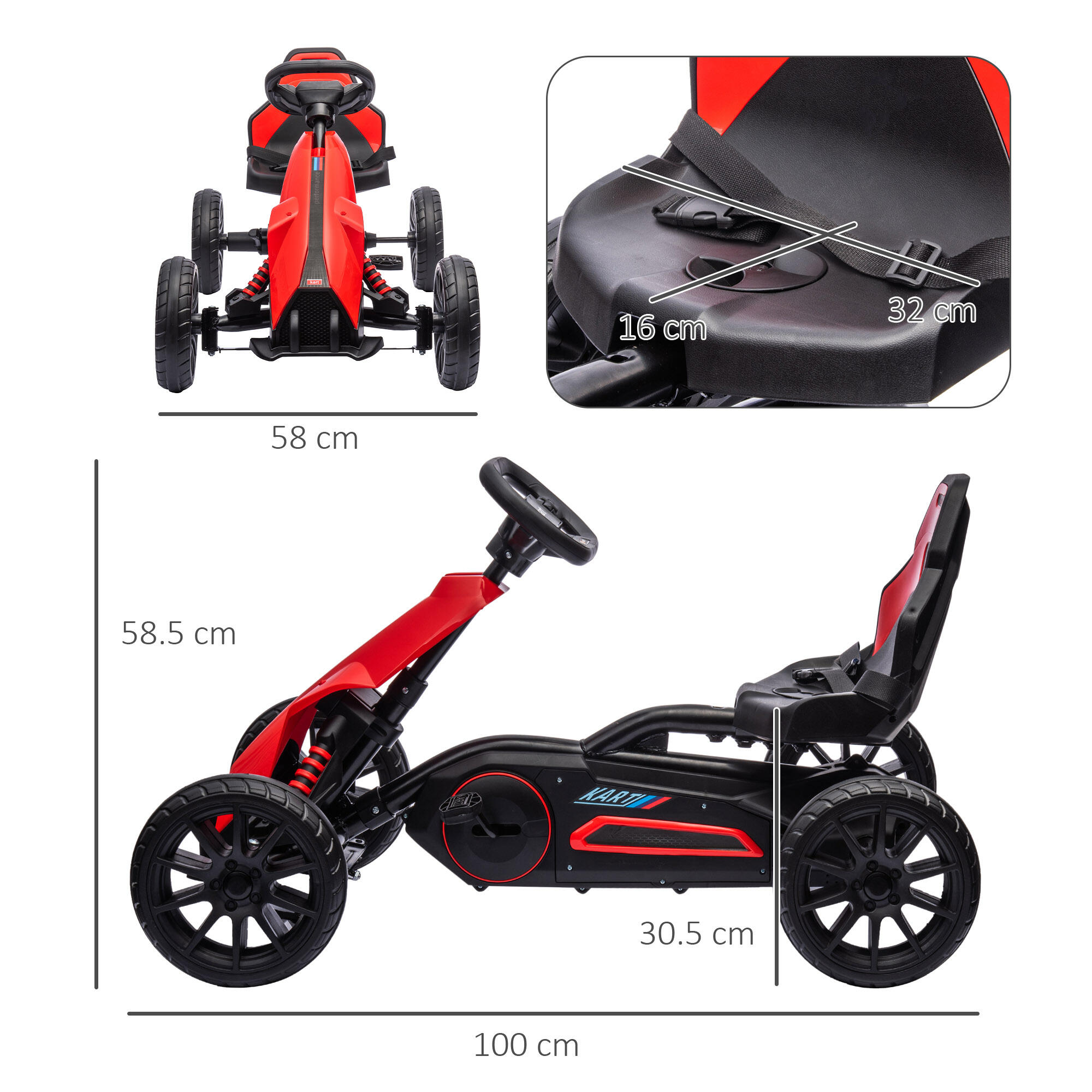 HOMCOM Go Kart a Pedali per Bambini 3-8 Anni con Sedile Regolabile Rosso Nero 3/8