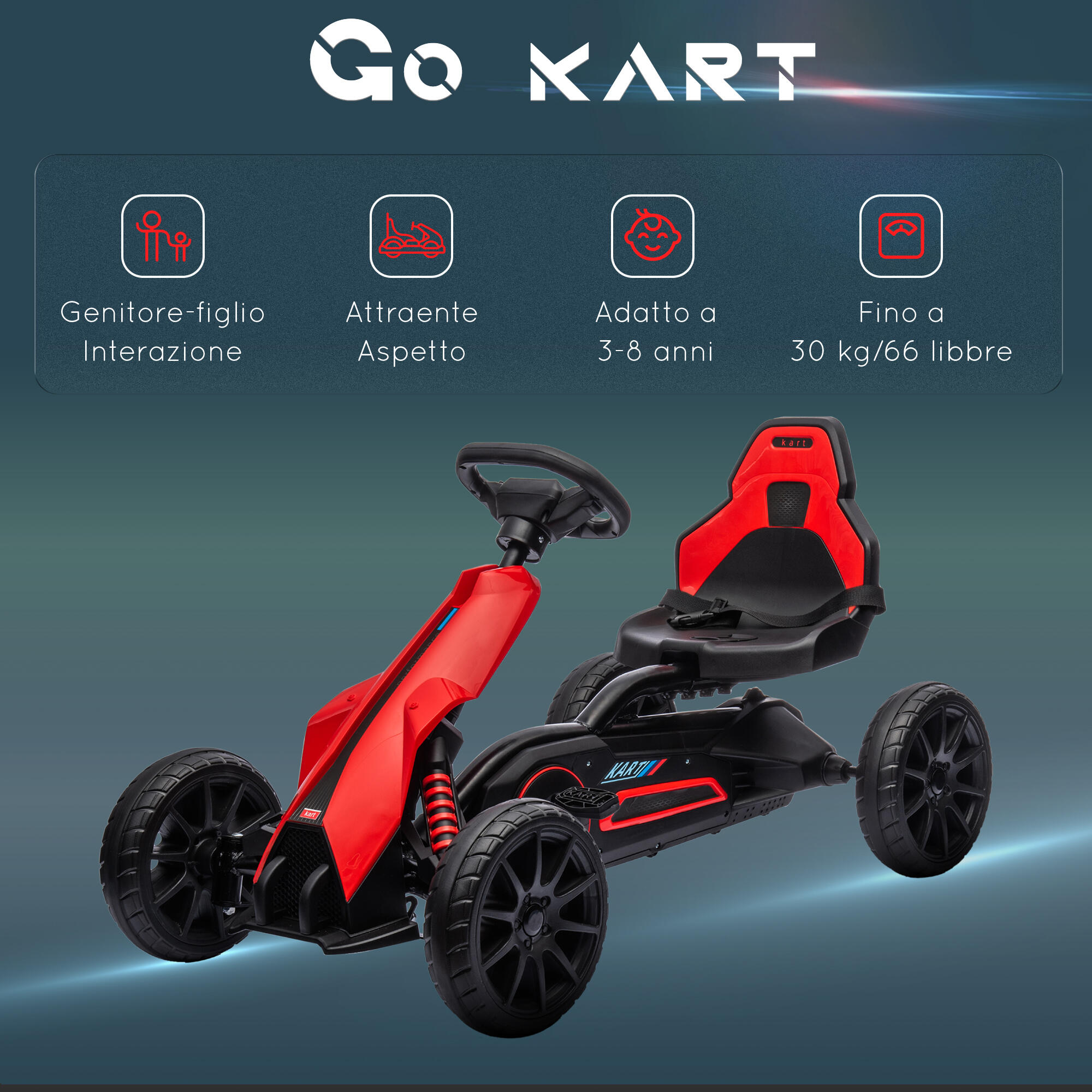 HOMCOM Go Kart a Pedali per Bambini 3-8 Anni con Sedile Regolabile Rosso Nero 7/8