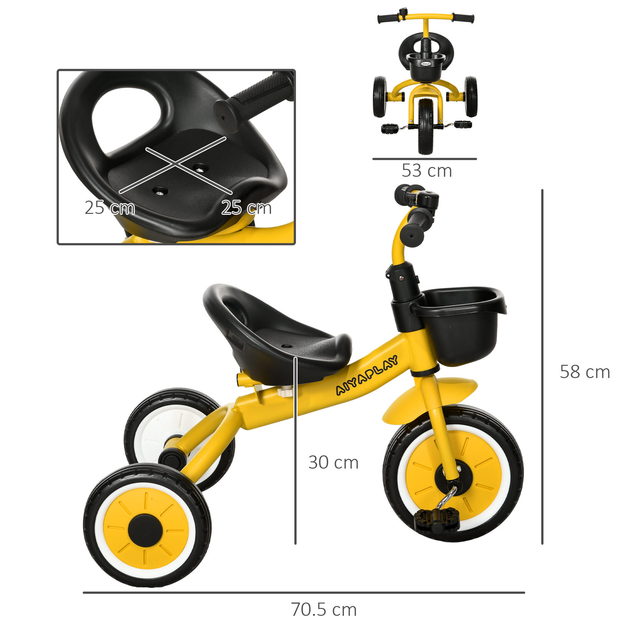 AIYAPLAY Triciclo per Bambini da 2-5 Anni con Cestino e Campanello Giallo 3/7