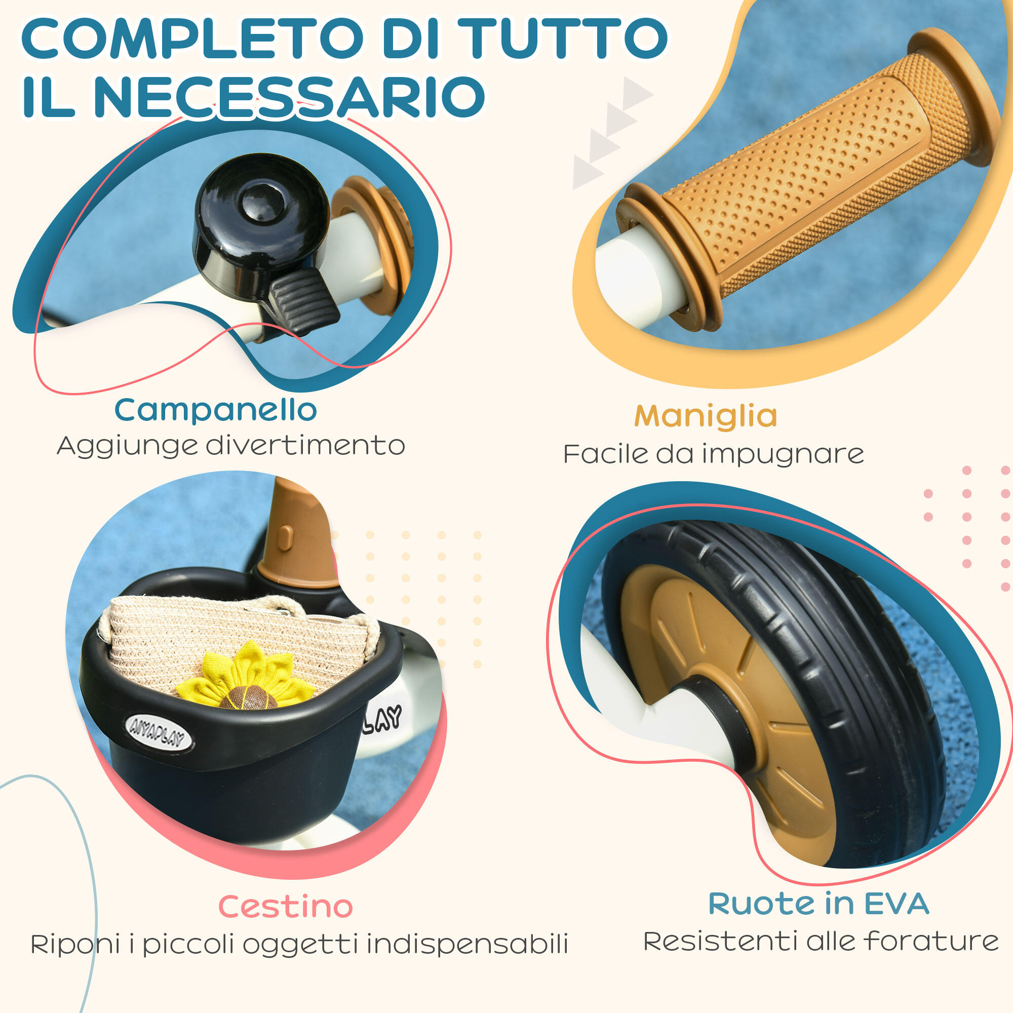 AIYAPLAY Triciclo per Bambini da 2-5 Anni con Cestino e Campanello Bianco 6/7