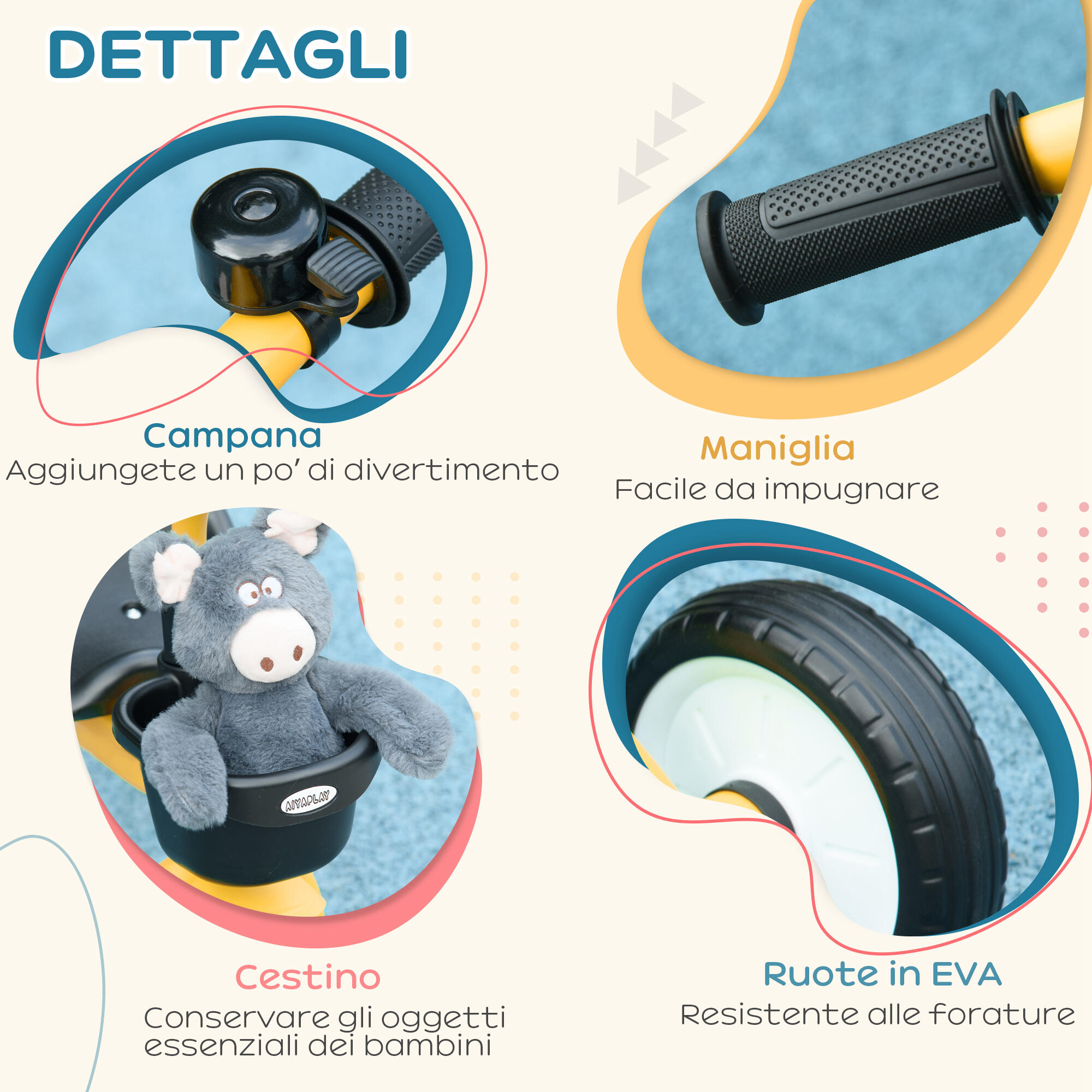 AIYAPLAY Triciclo per Bambini da 2-5 Anni con Cestino e Campanello Giallo 6/7