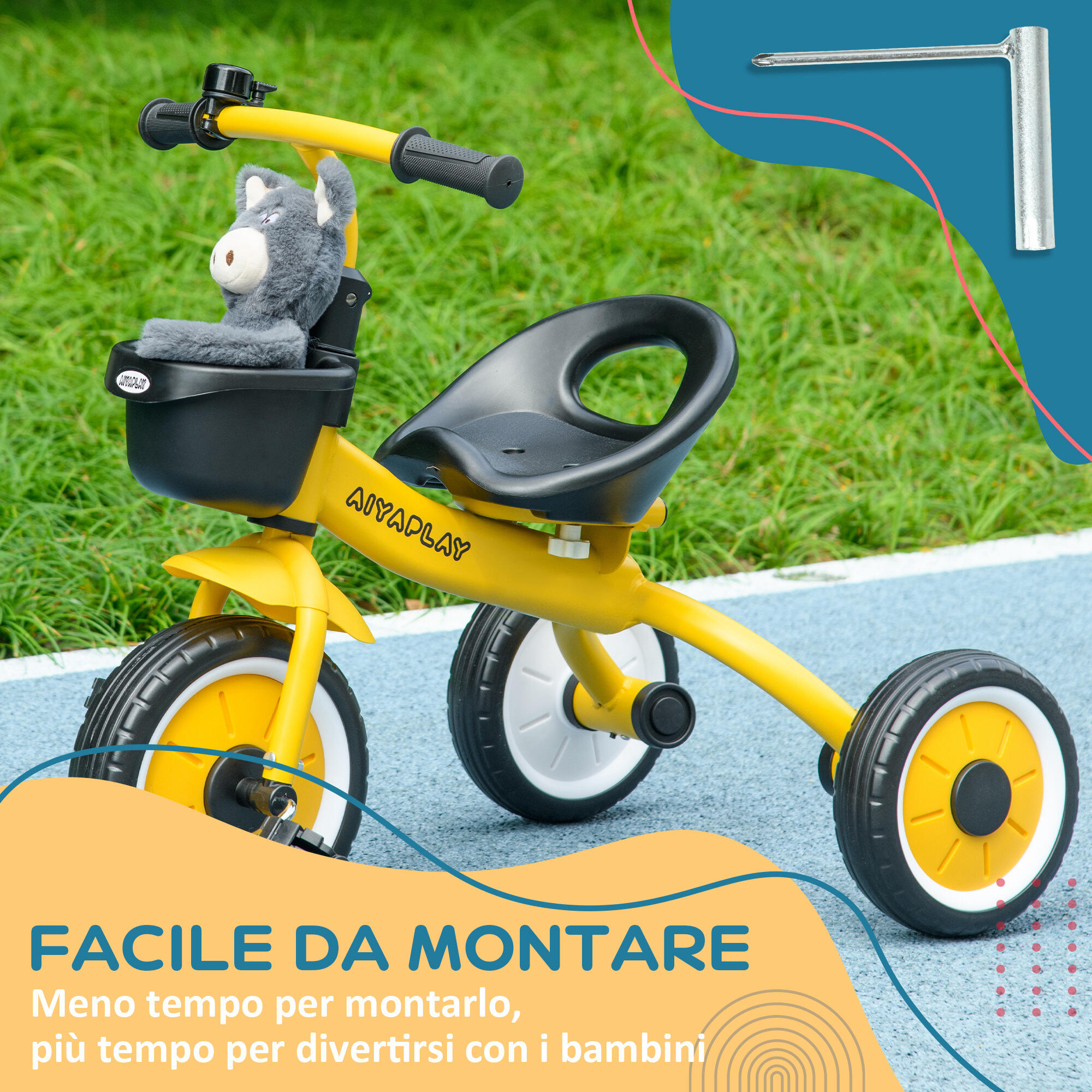 AIYAPLAY Triciclo per Bambini da 2-5 Anni con Cestino e Campanello Giallo 7/7