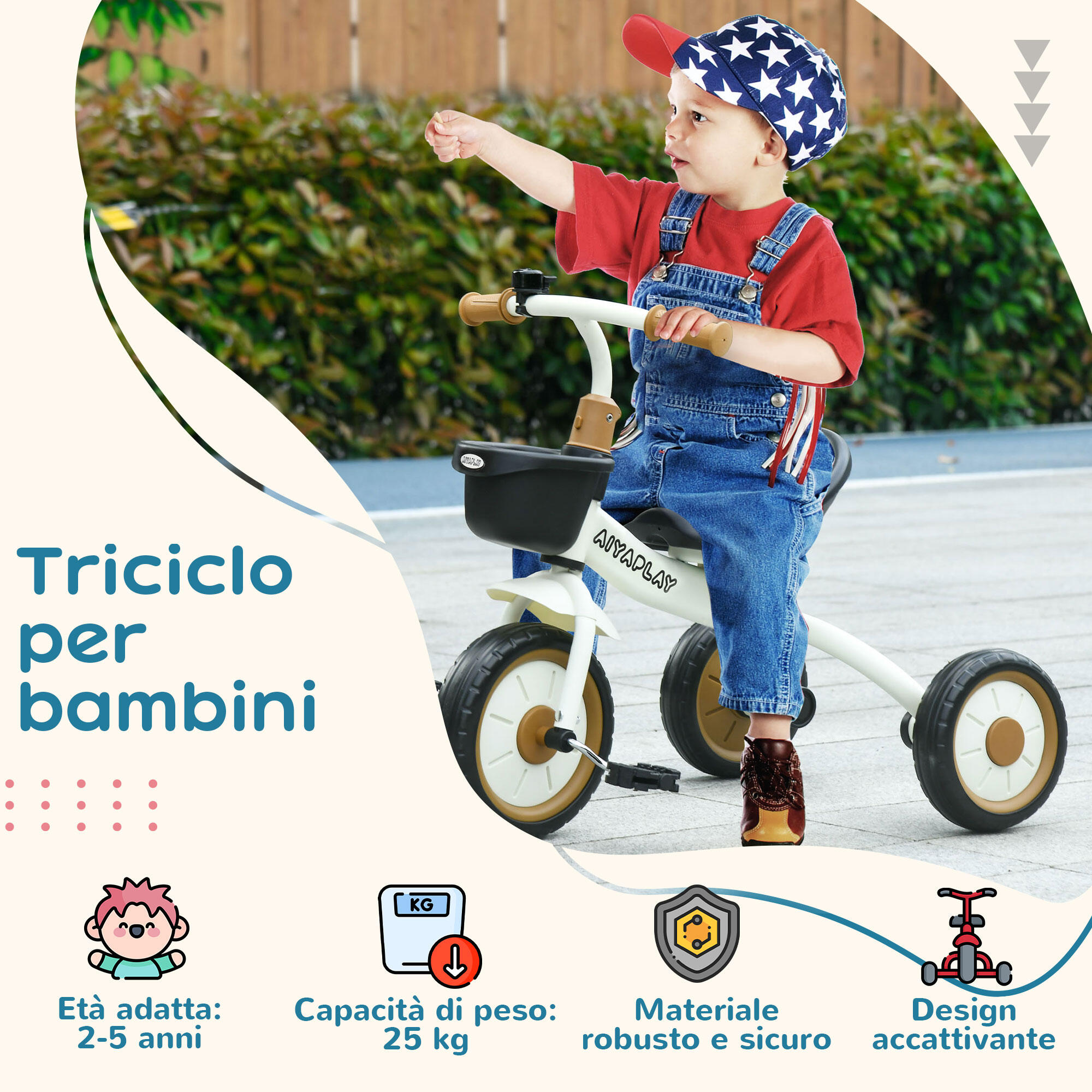 AIYAPLAY Triciclo per Bambini da 2-5 Anni con Cestino e Campanello Bianco 4/7