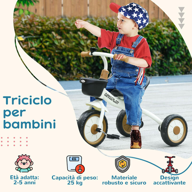 Aiyaplay Tricicleta Copii 2-5 Ani – Alb, cu Scaun Reglabil, Cos & Clopotel