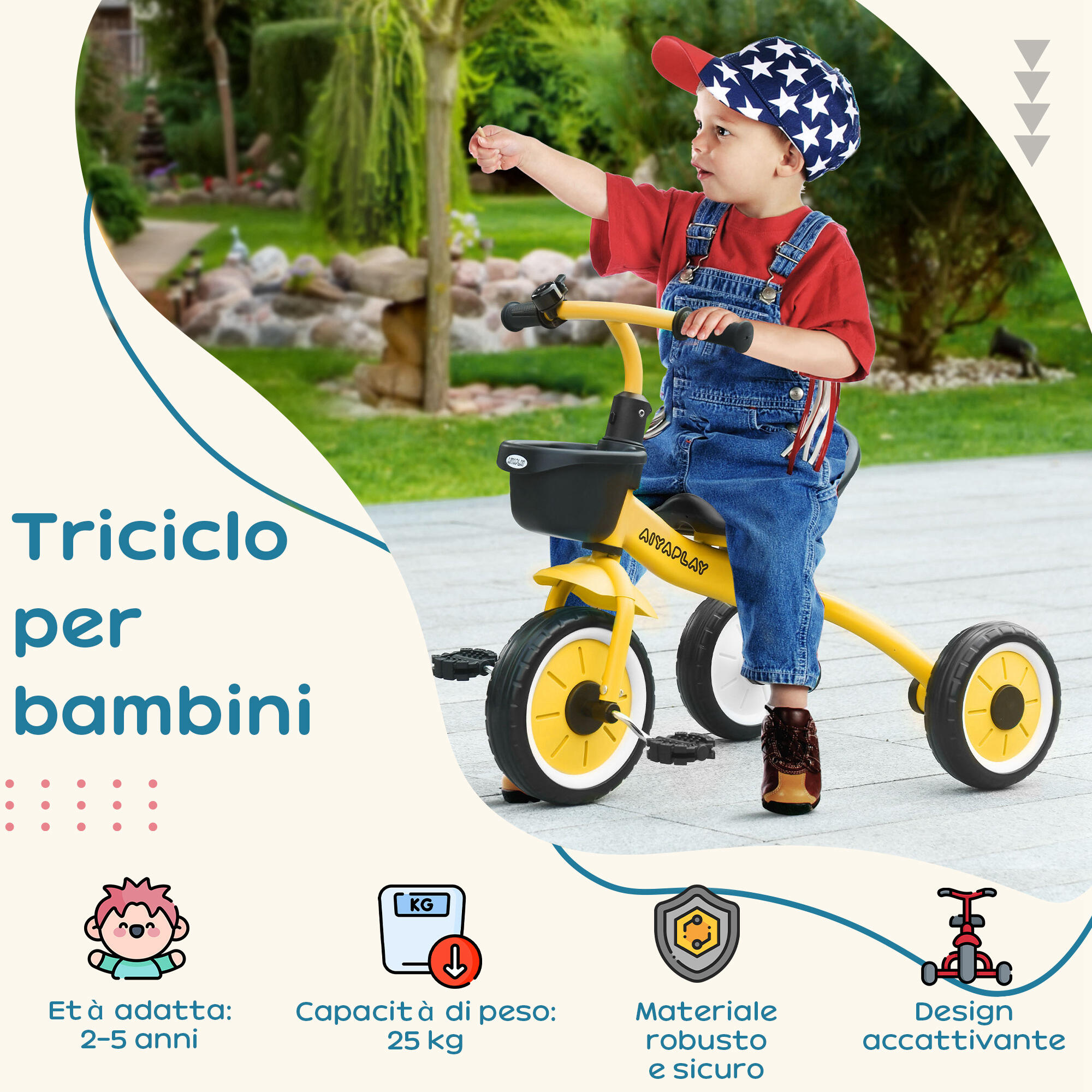 AIYAPLAY Triciclo Per Bambini 2-5 Anni Con Sella Regolabile, Schienale, Campanello E Cestino – Colore Verde