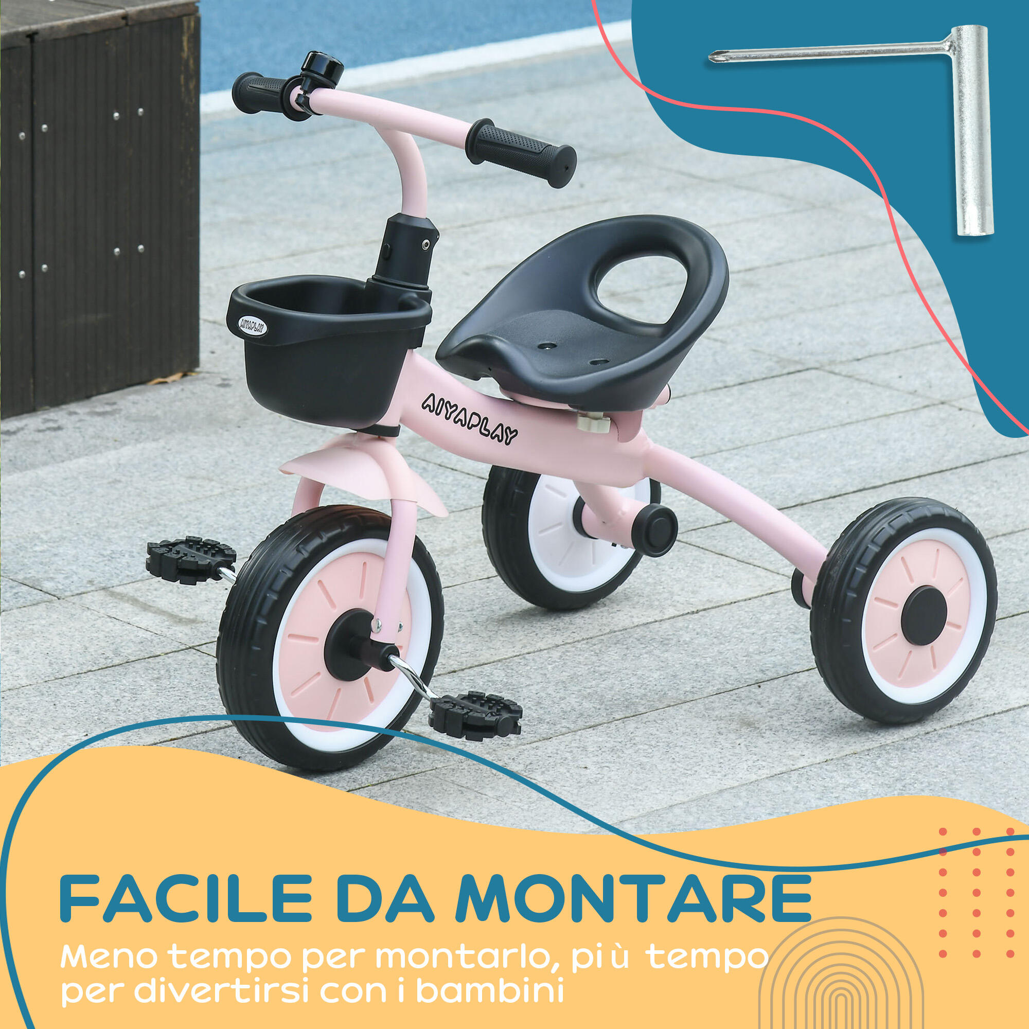 AIYAPLAY Triciclo per Bambini da 2-5 Anni con Cestino e Campanello Rosa 7/7
